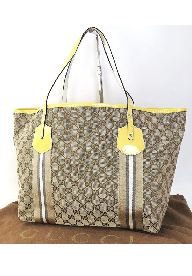 Auth GUCCI Large Jolie Tote GG Canvas Beige and Yellow Patent Leather