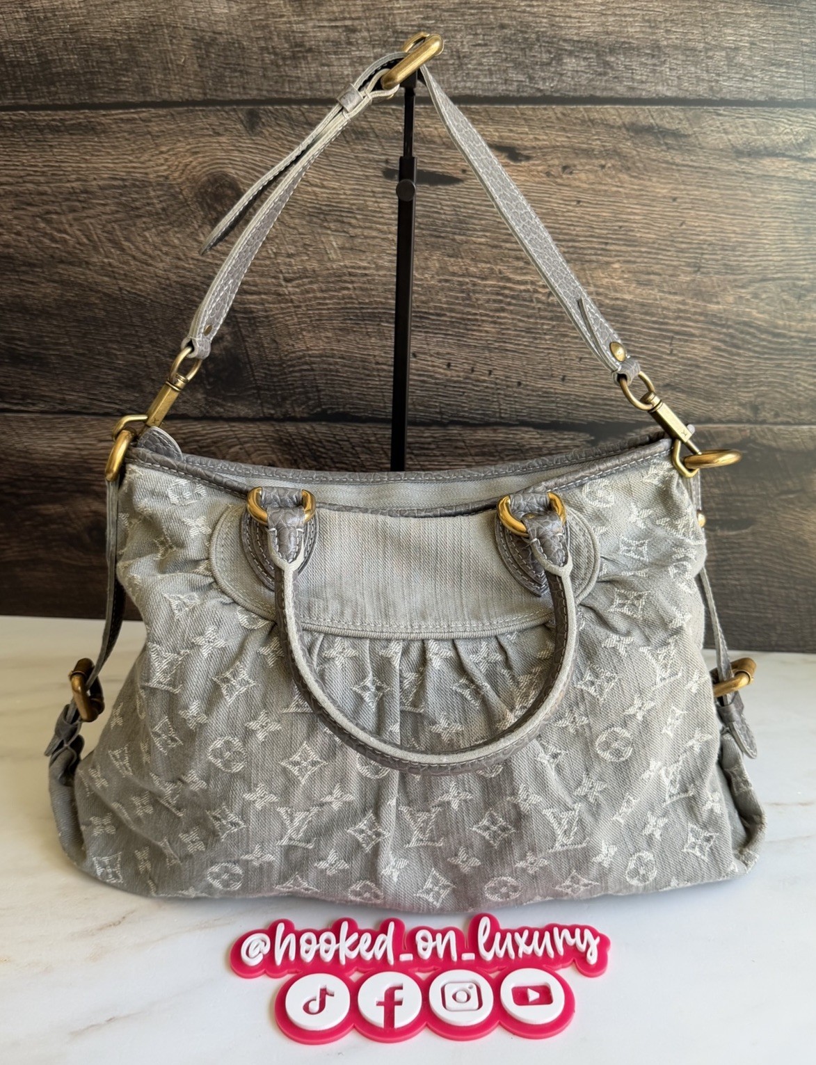 Authentic Louis Vuitton Neo Cabby Gray Denim Two Way Wear Shoulder Tote Handbag