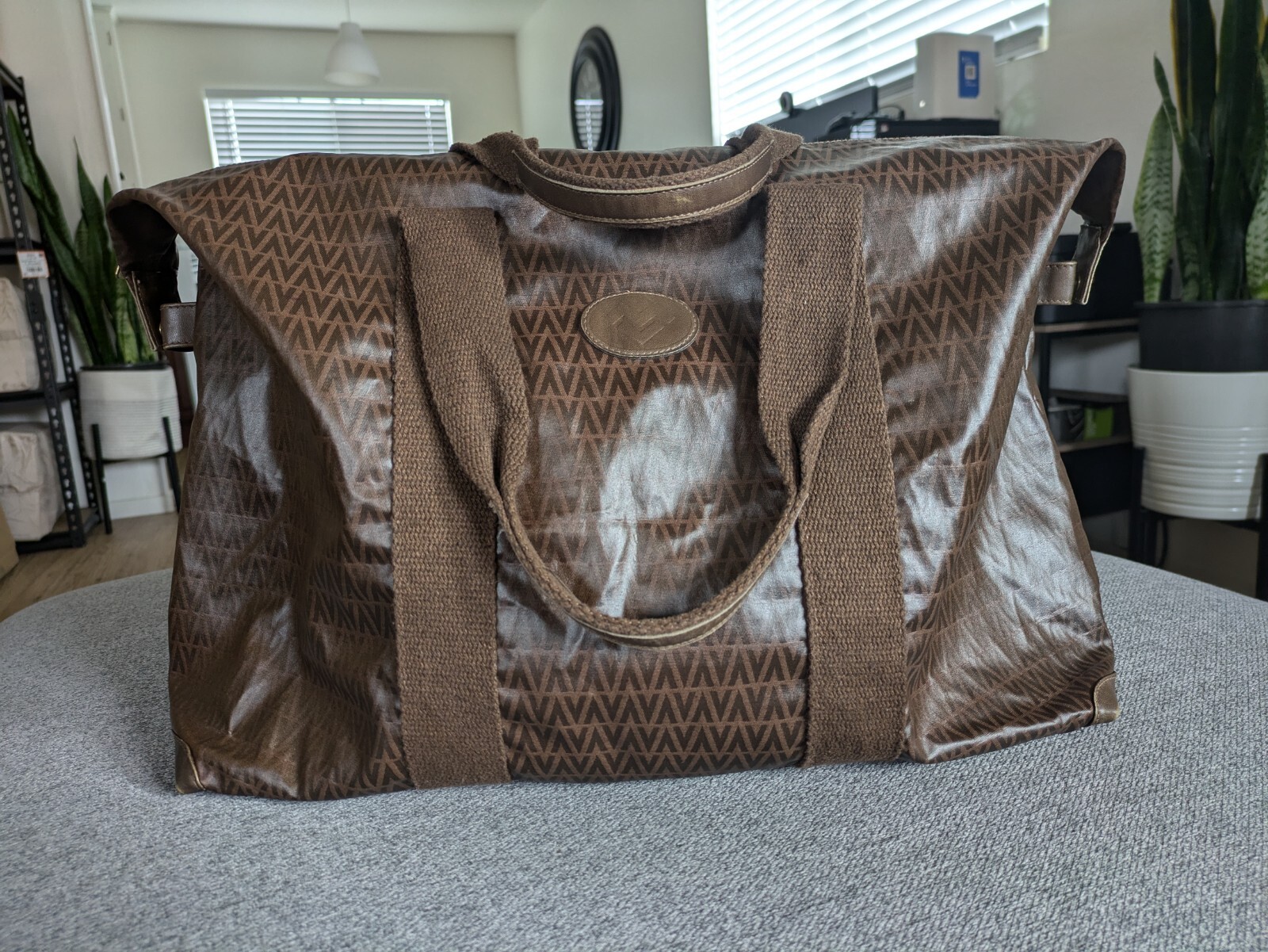 AUTH MARIO VALENTINO SOFT PVC MONOGRAM FOLDABLE OVERNIGHT TRAVEL TOTE BAG
