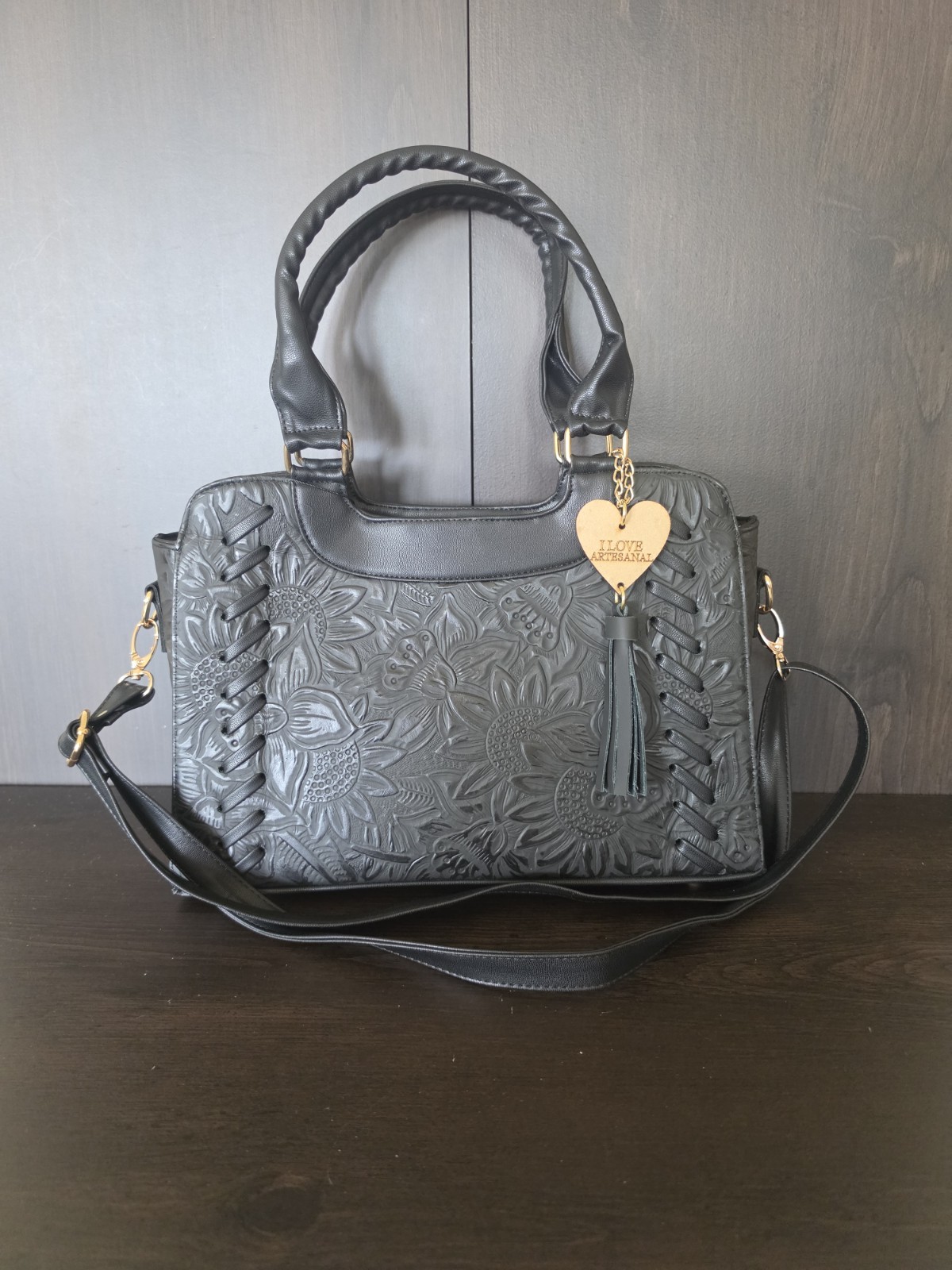 Sunflowers Black Stitched Embossed Tooled Artisan LEATHER Purse Crossbody Bag