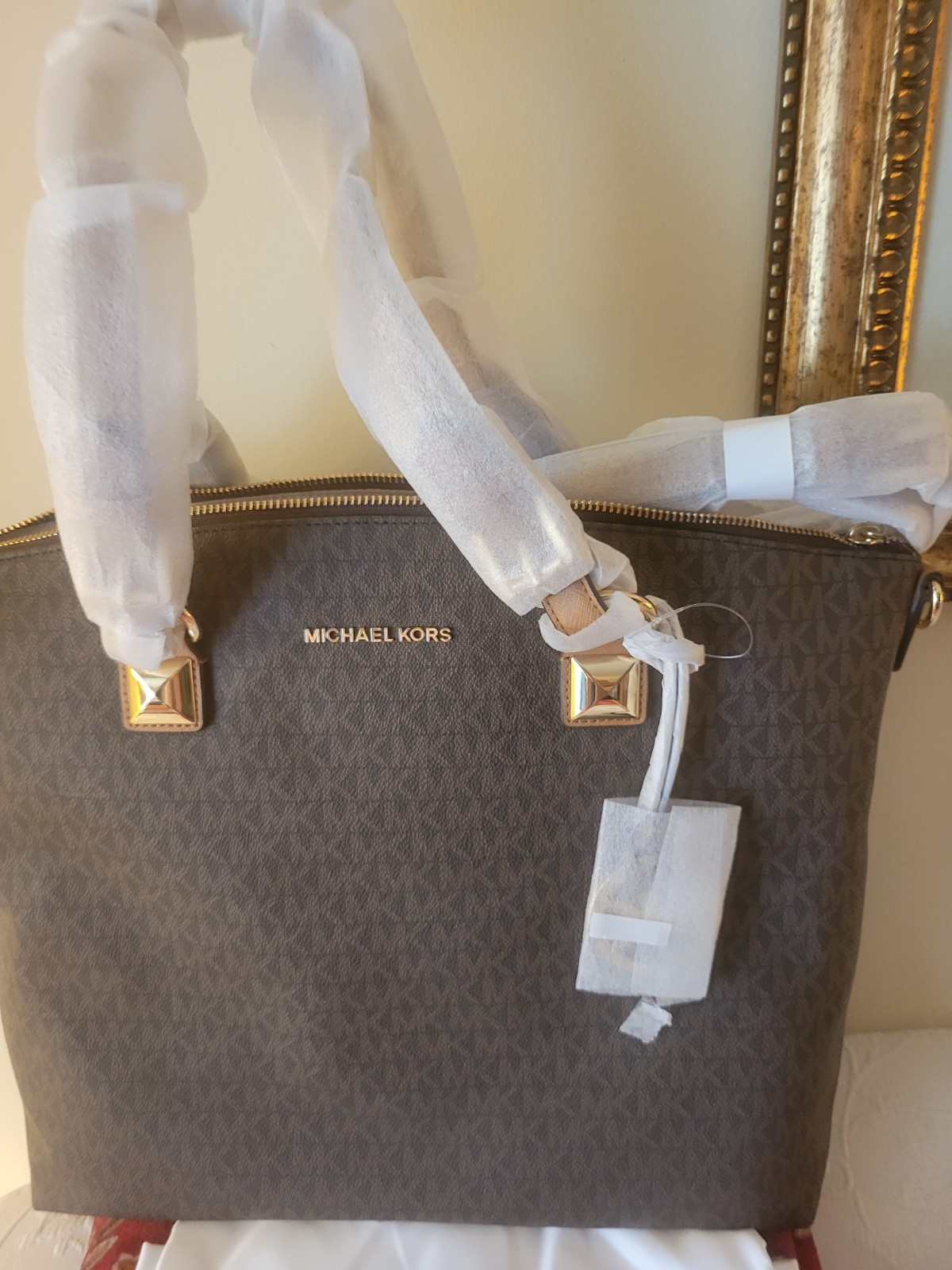 Michael Kors Karla Large MK Signature Brown Zip Tote Bag Gold Hardware Lined