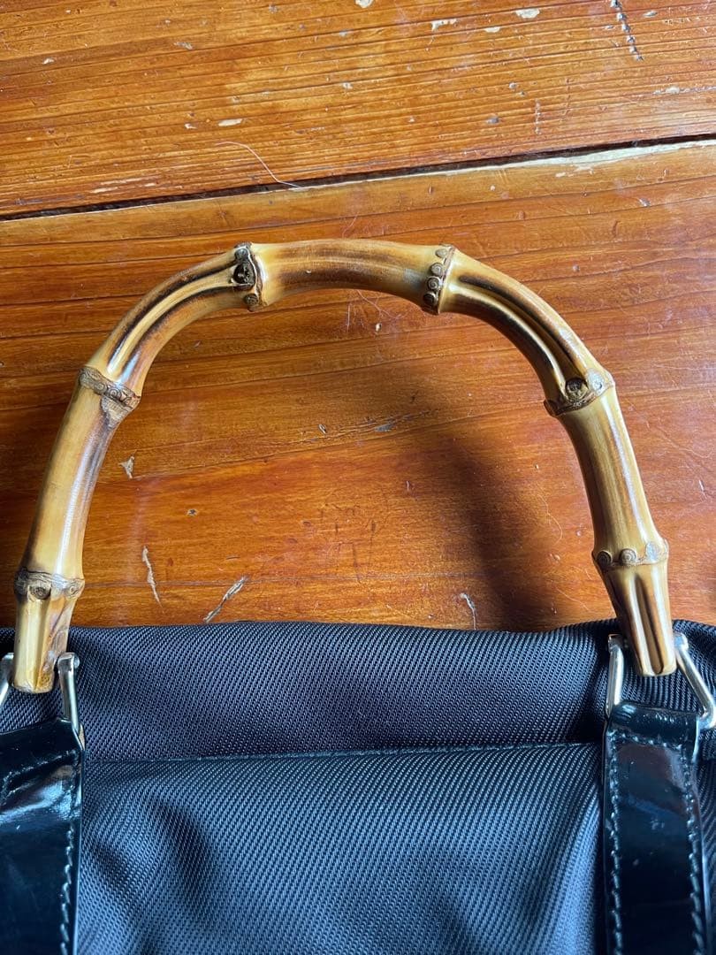GUCCI Bamboo handle Nylon Tote Bag Black Women Auth 10.23 x 12.59 x 3.93inch