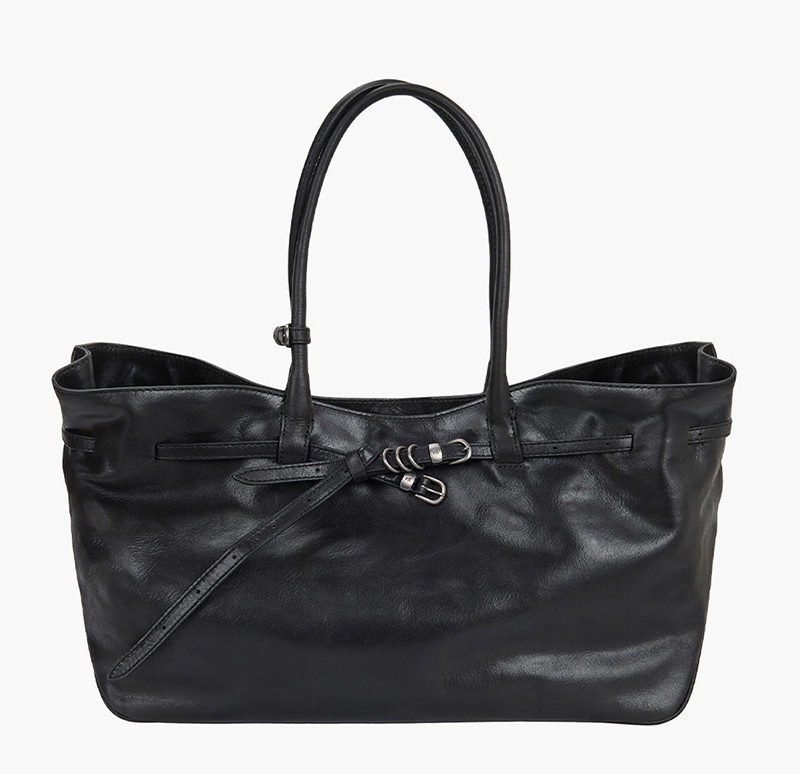 MARGE SHERWOOD Grandma Used Bag Large Black Pull-Up Leather Tote Authentic