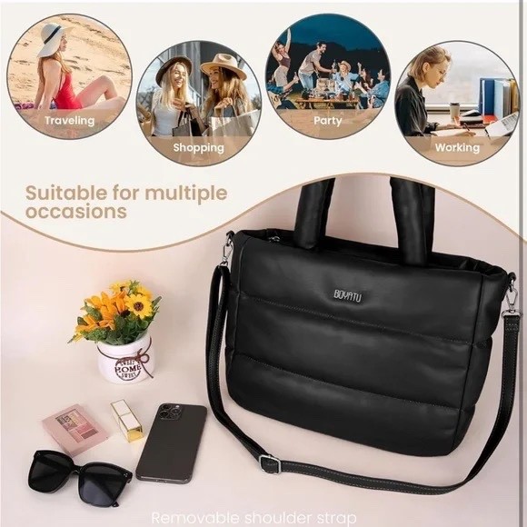 Quilted Puffer Tote Bag, Black, Vegan Leather Satchel for Work, Travel, Gym