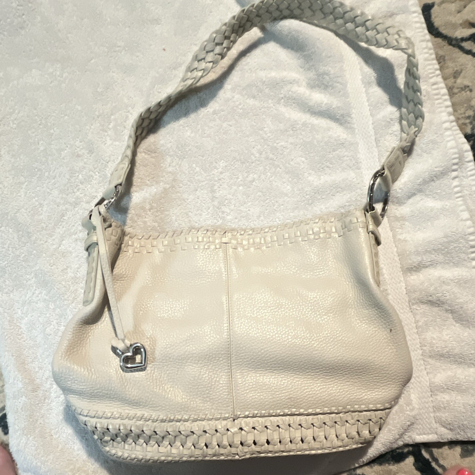 White Pebbled Shoulder Bag Braided Strap Tassel Zip Silver Hardware Floral Lined