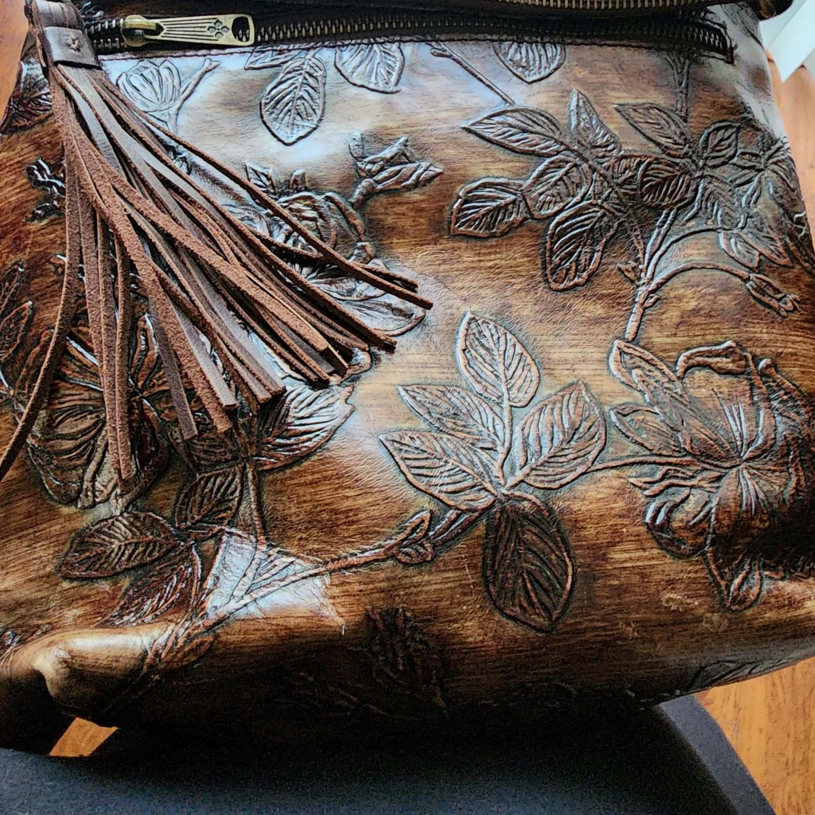 Patricia Nash Luzille Convertible Backpack Floral Embossed Leather Brown Tassel