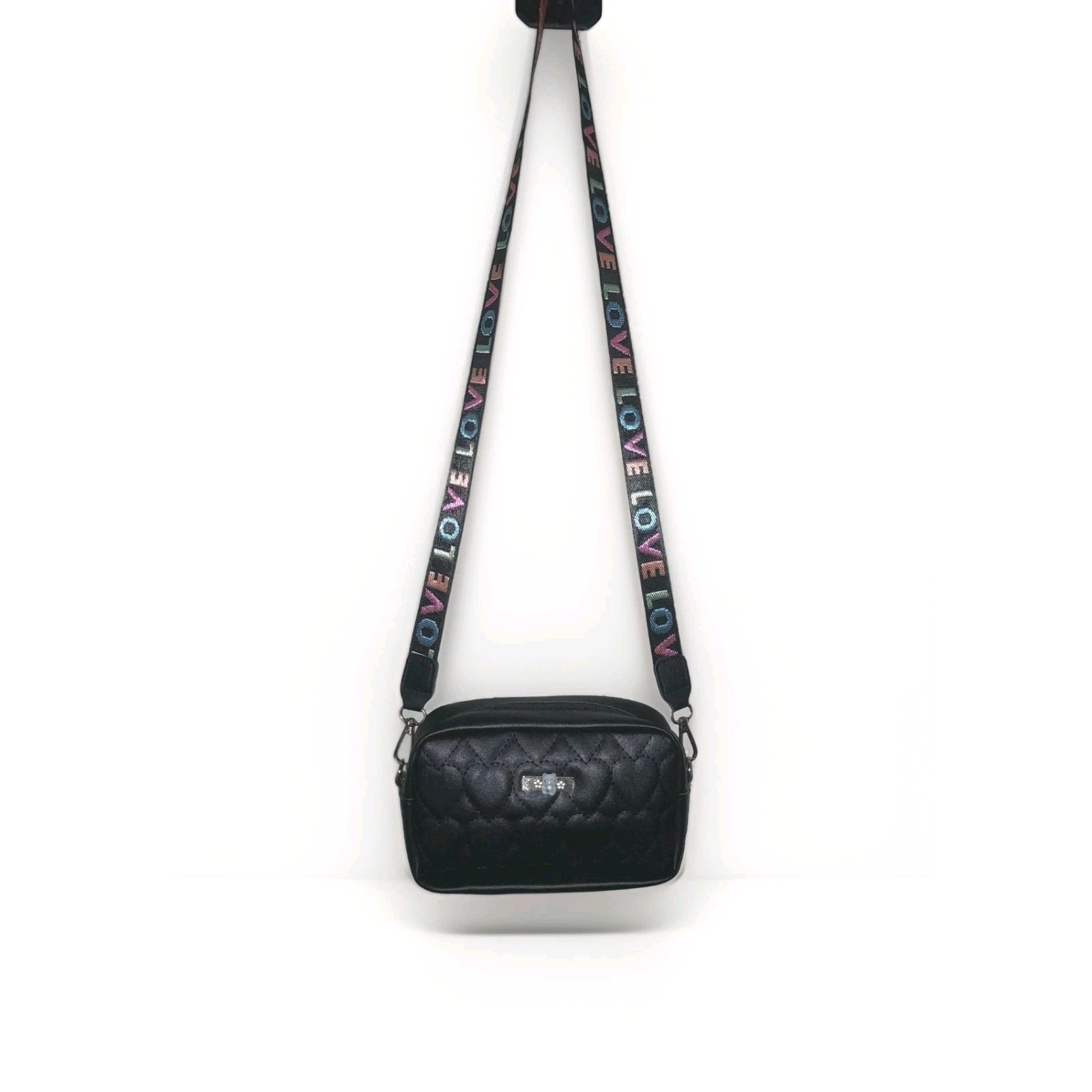 New Miniso Black Quilted Heart Crossbody Bag with Multicolor Strap, Love Theme
