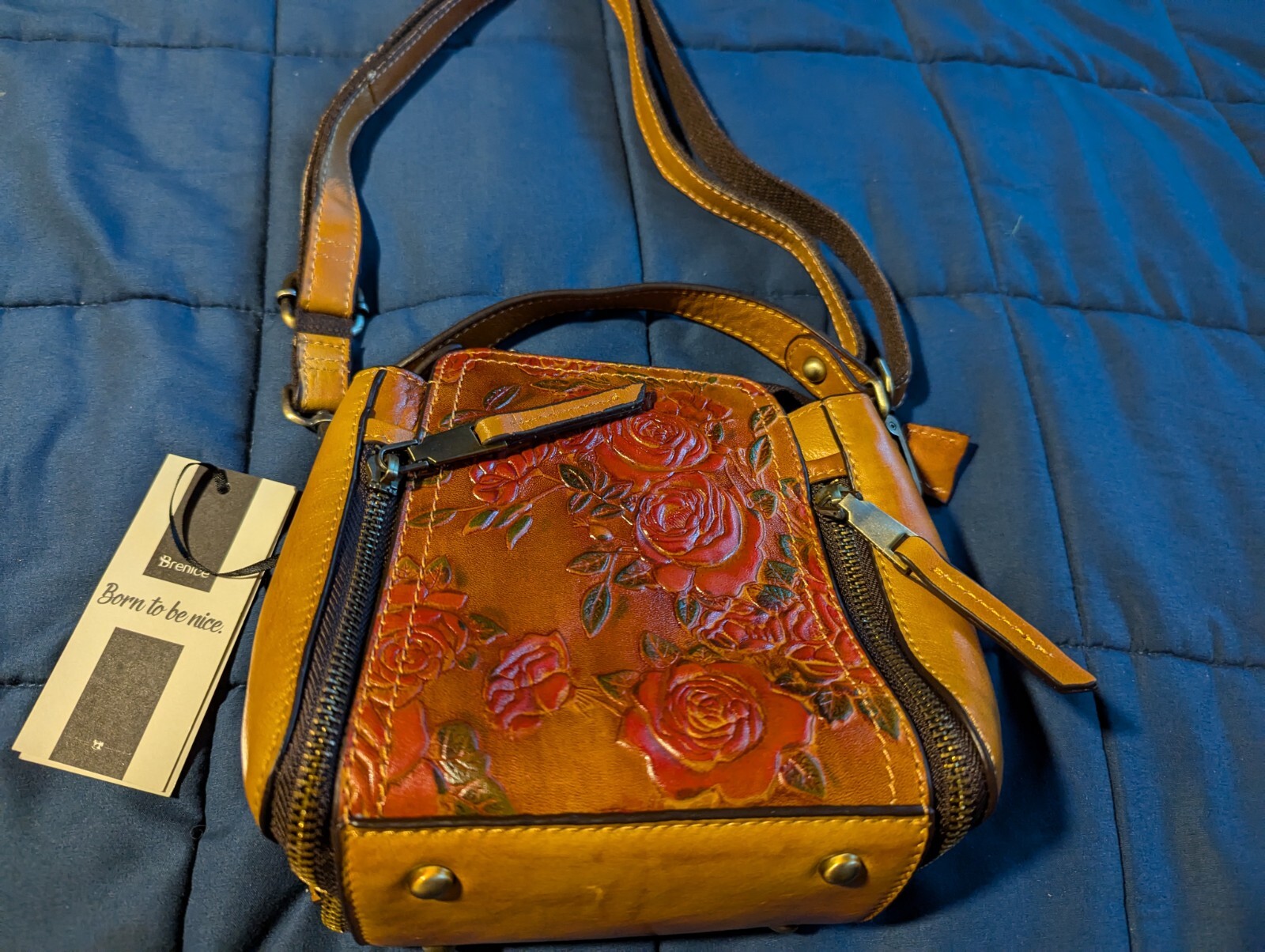 Brenice Leather Purse Shoulder Bag Handbag Rose Embossed Crossbody Purse