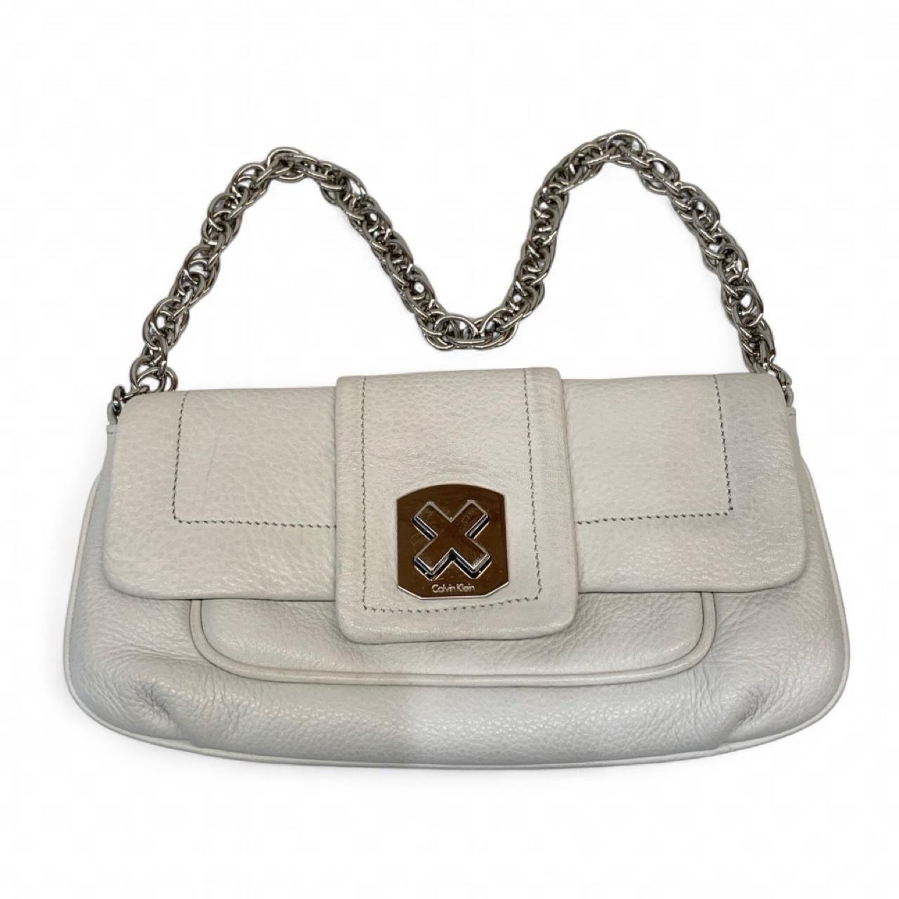 Calvin Klein Off-White Pebbled Shoulder Bag Small Chain Strap Silver Hardware