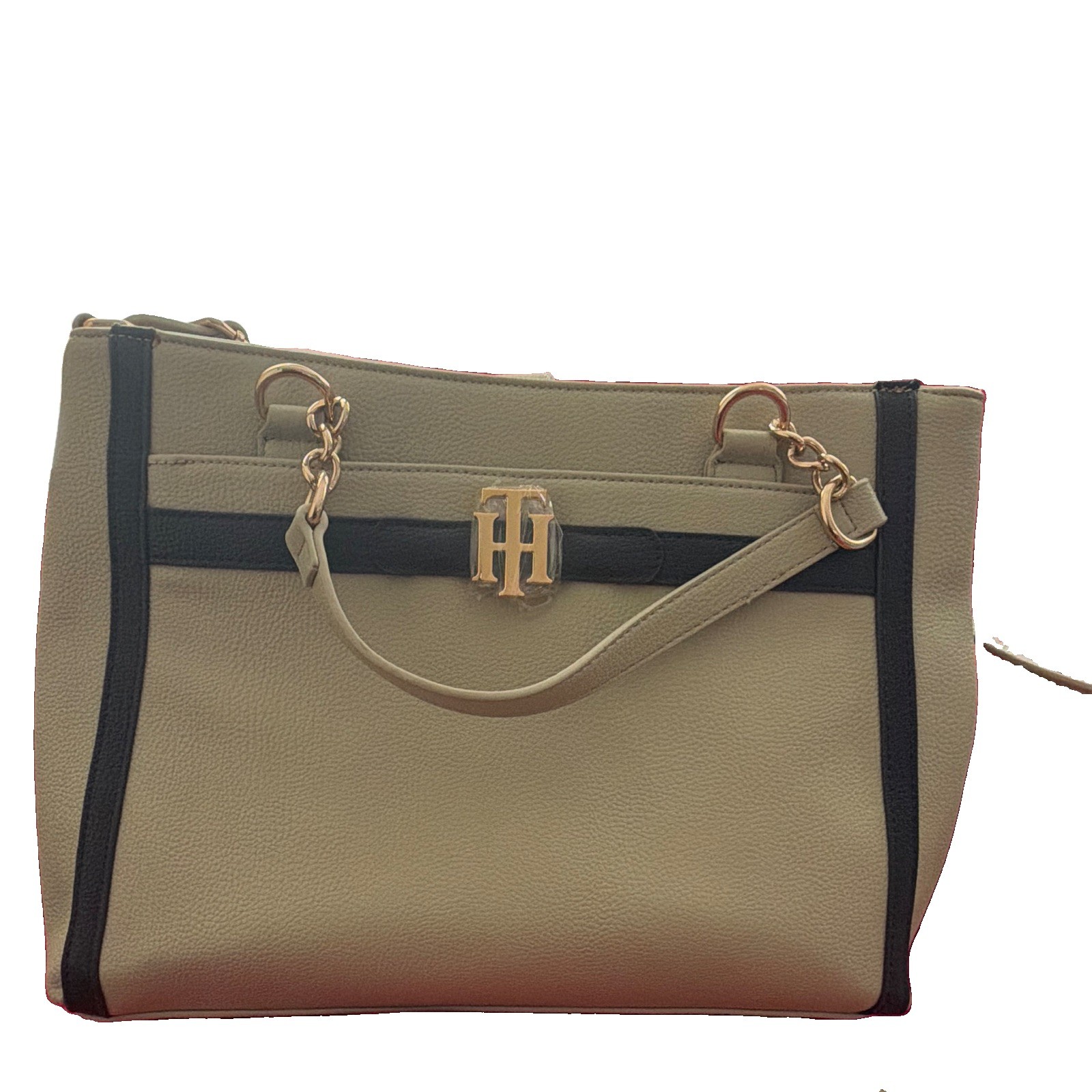 Tommy Hilfiger Women’s Large Tote Beige/Navy Logo Pebbled Zip, Detachable Strap