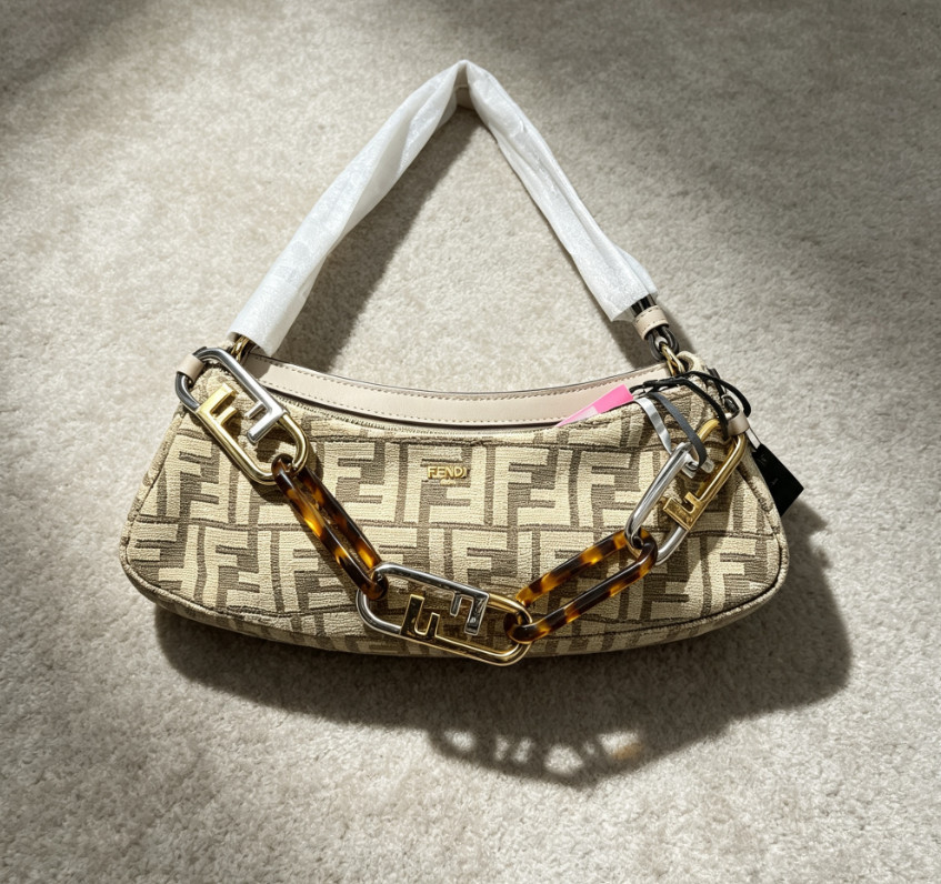 Fendi O Lock Hobo Shoulder Strap Bag Zucca Canvas Tortoiseshell Chain Bag Auth
