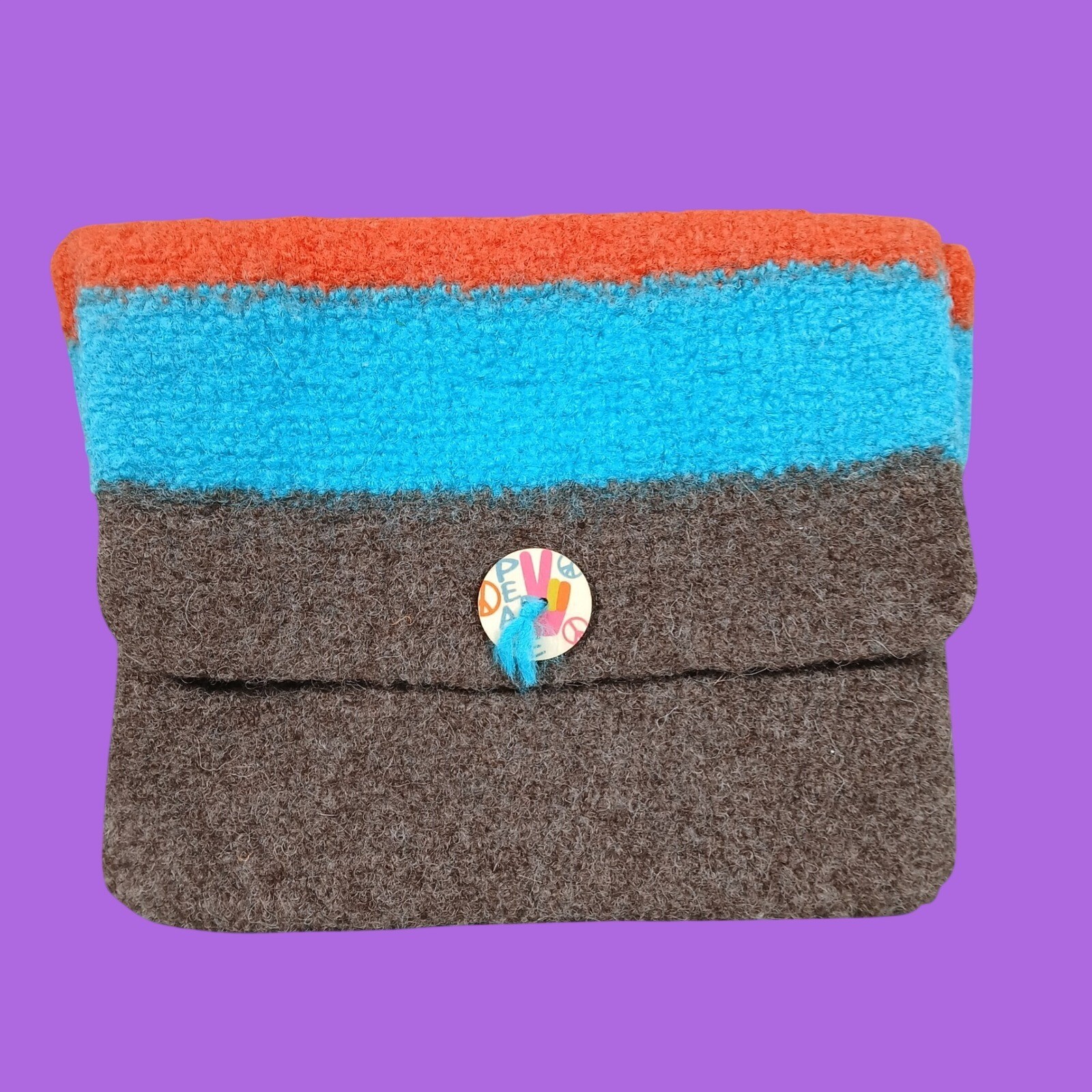 Felted Wool Clutch Bag Women’s Small Brown Blue Orange Boho Peace Sign