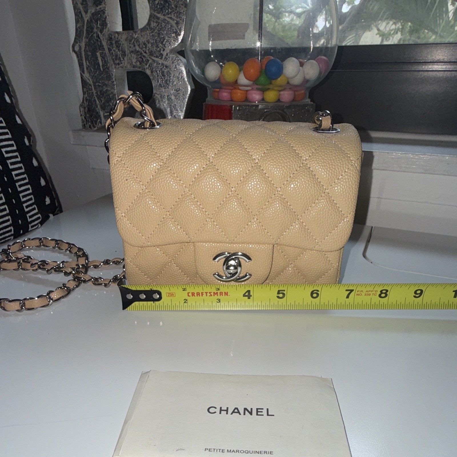 Beige Mini Quilted Flap Turn Lock Silver HW Chain Crossbody Card