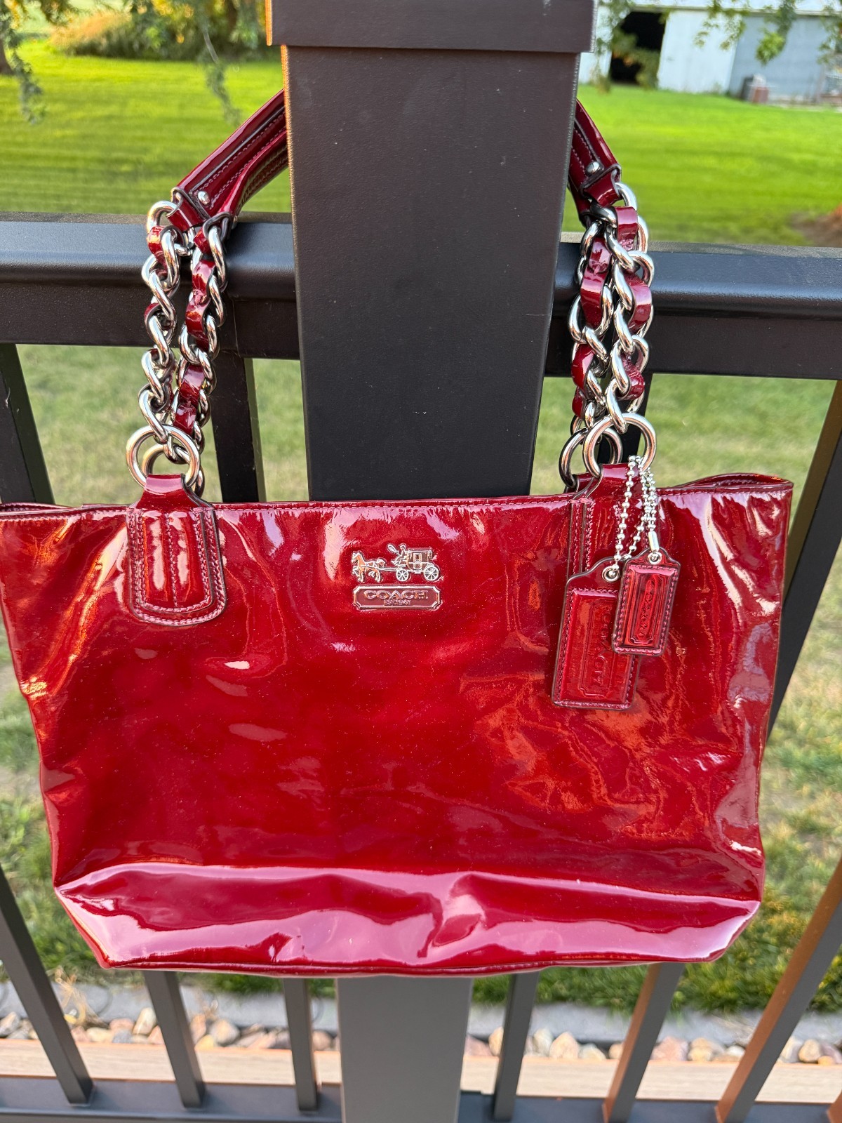 Coach 18770 Chelsea Tote Bag Patent Leather Dark Red Wine With Chain Handles