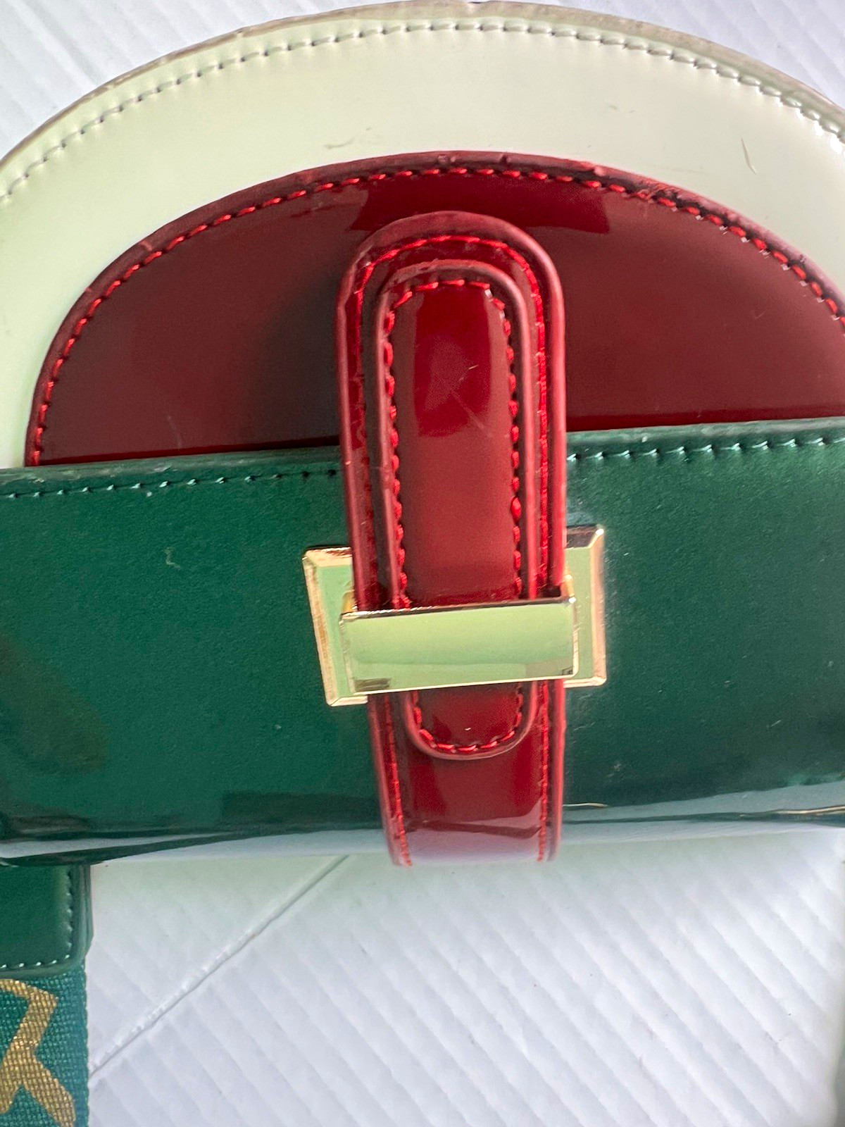 Green Red White Half Moon Crossbody Bag Logo Strap Buckle Gold Hardware Small