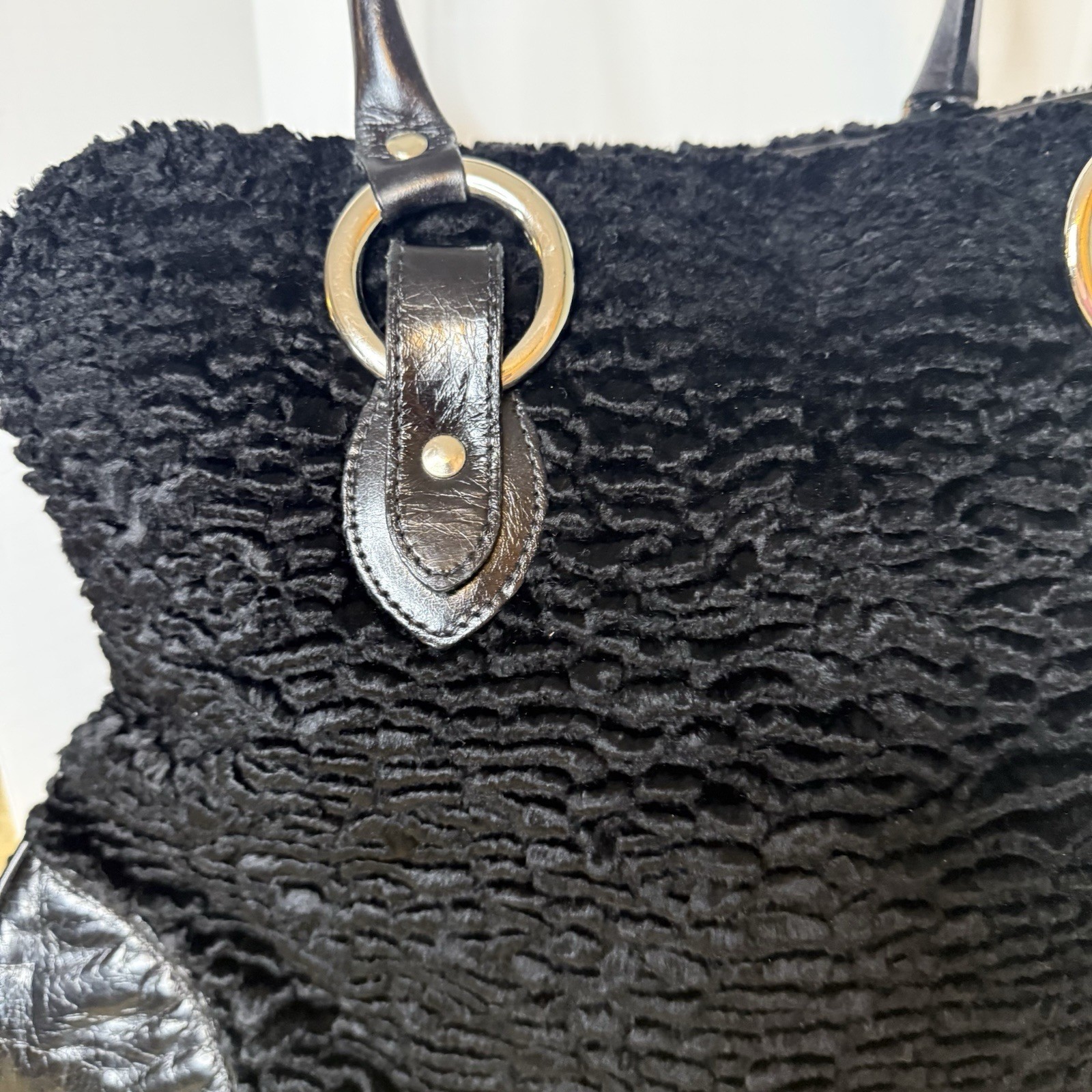 Extra Large Glenda Gies Chenille Leather Tote Bag weekender 17x12x8 In Black