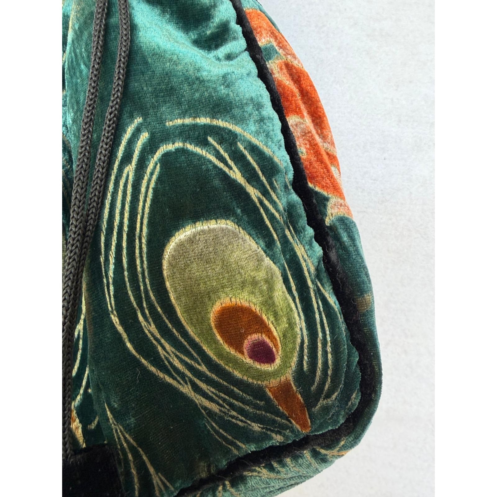 J&X NY Velvet Peacock Feather Drawstring Pouch Handbag Green Artsy Whimsygoth