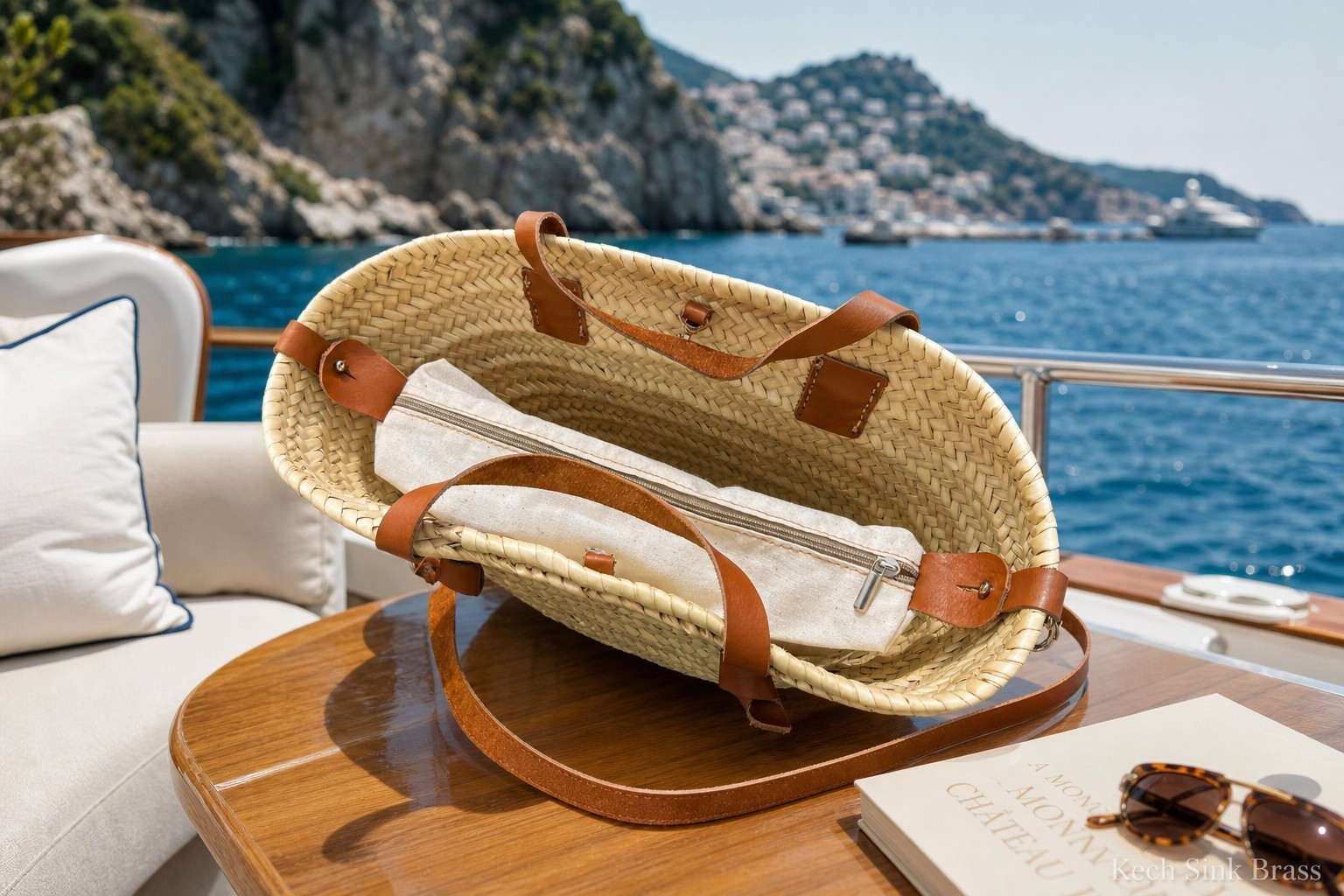 Handmade Moroccan Straw Tote Bag Braided Leather Handles, Zipper Pocket, Summer