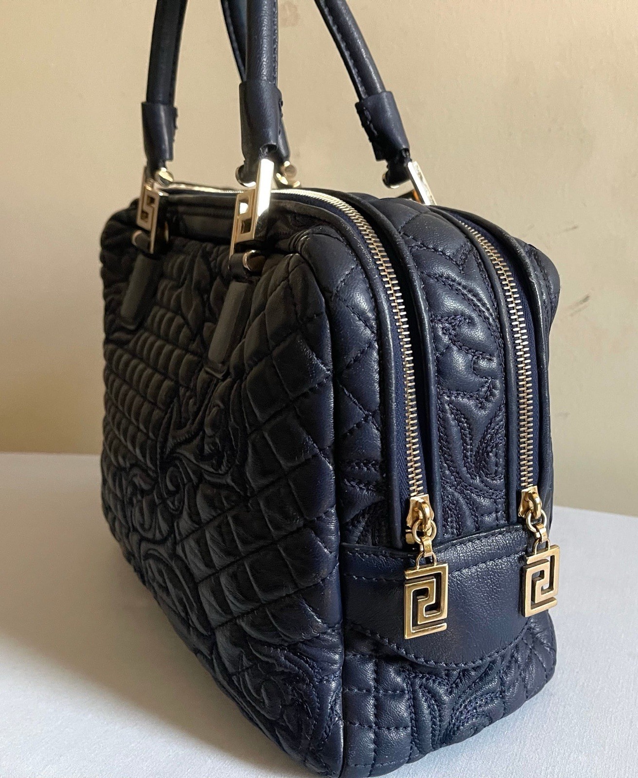 Versace Navy Blue Leather Demetra Vanitas Satchel Bag