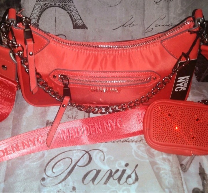 MADDEN NYC Chain Strap X-Body Tote Bag Orange(Red) Jewels/Studs Pouch NWT❤️BLING