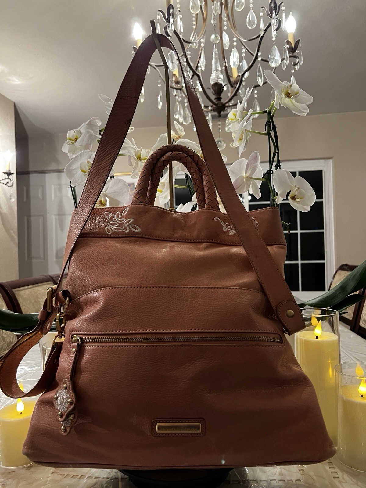 Isabella Fiore Dusty Rose Embroidered Vintage Leather Crossbody Tote