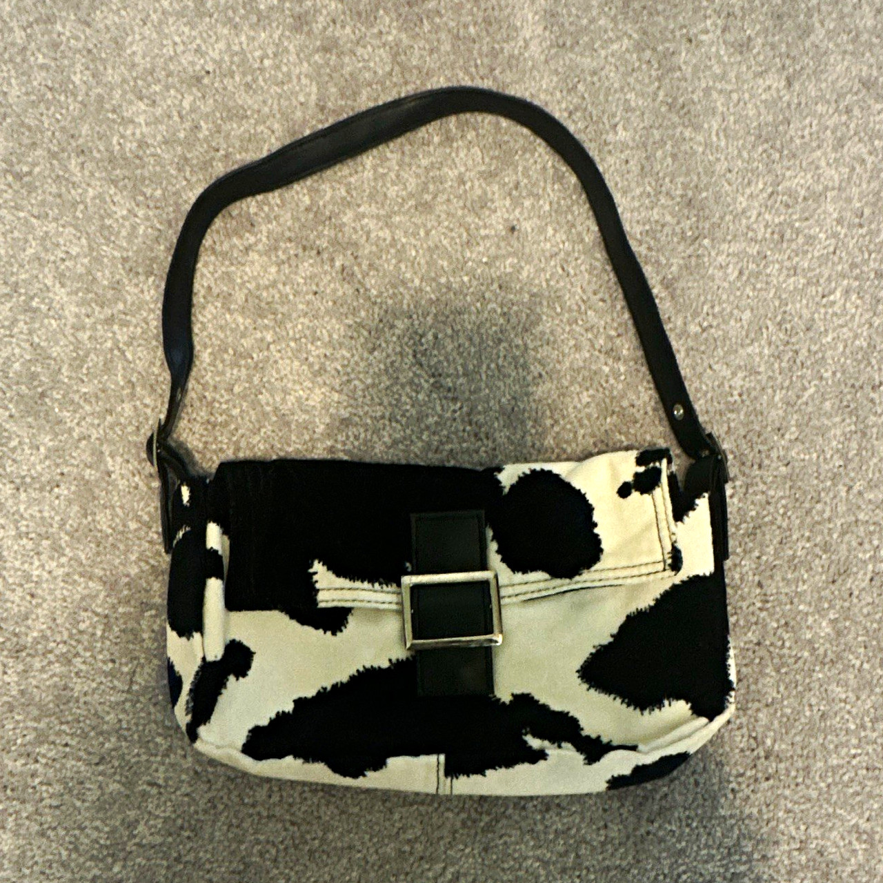 Rampage Black & White Cow Print Small Shoulder Bag Buckle Closure Det Strap