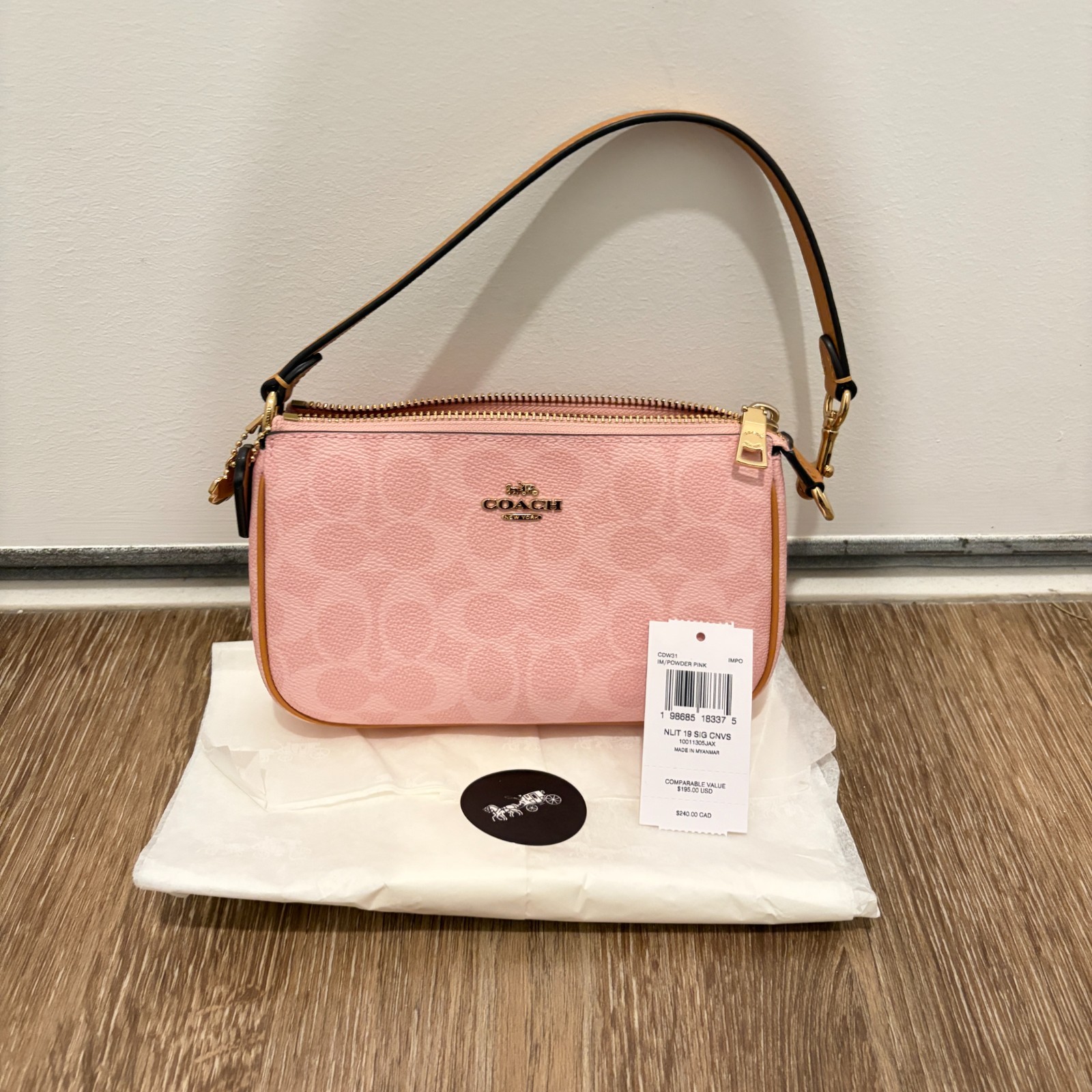 NWT Coach Nolita 19 In Signature Canvas with Charm Gold/Powder Pink CDW31
