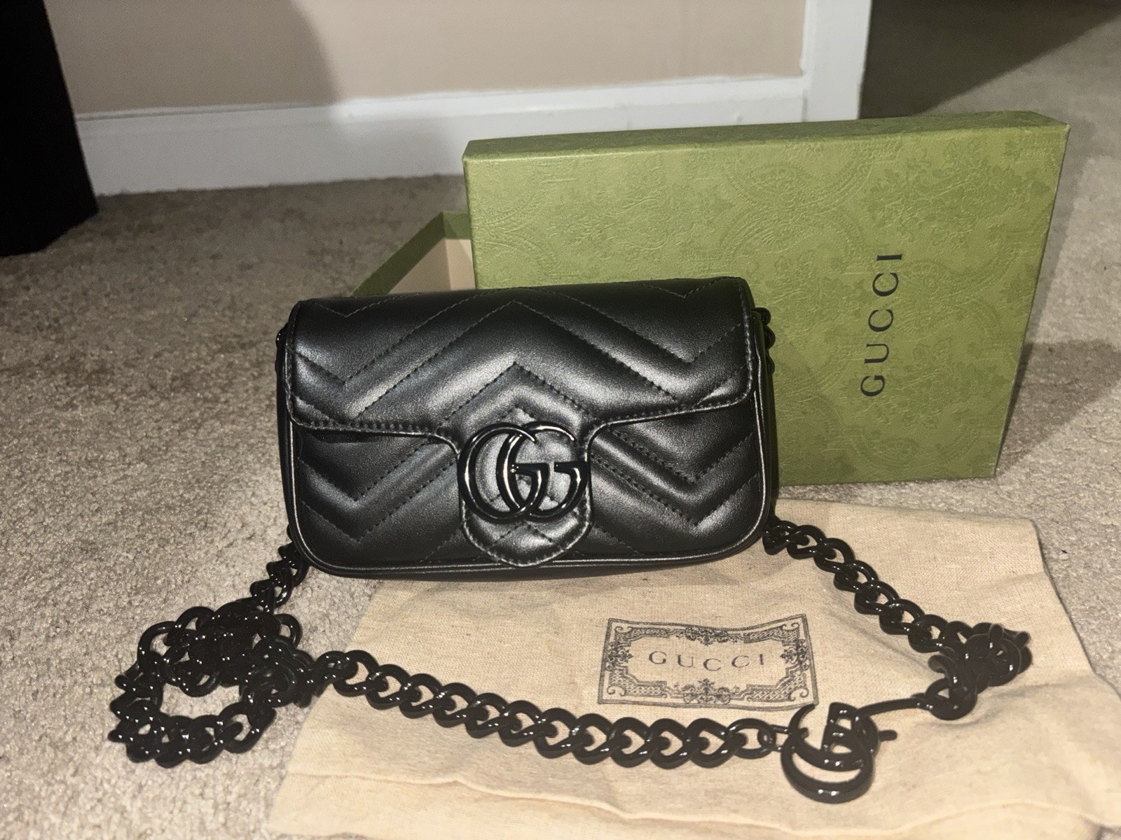 Gucci Calfskin Matelasse Monochrome GG Marmont Chain Belt Bag ,Dust Bag, box