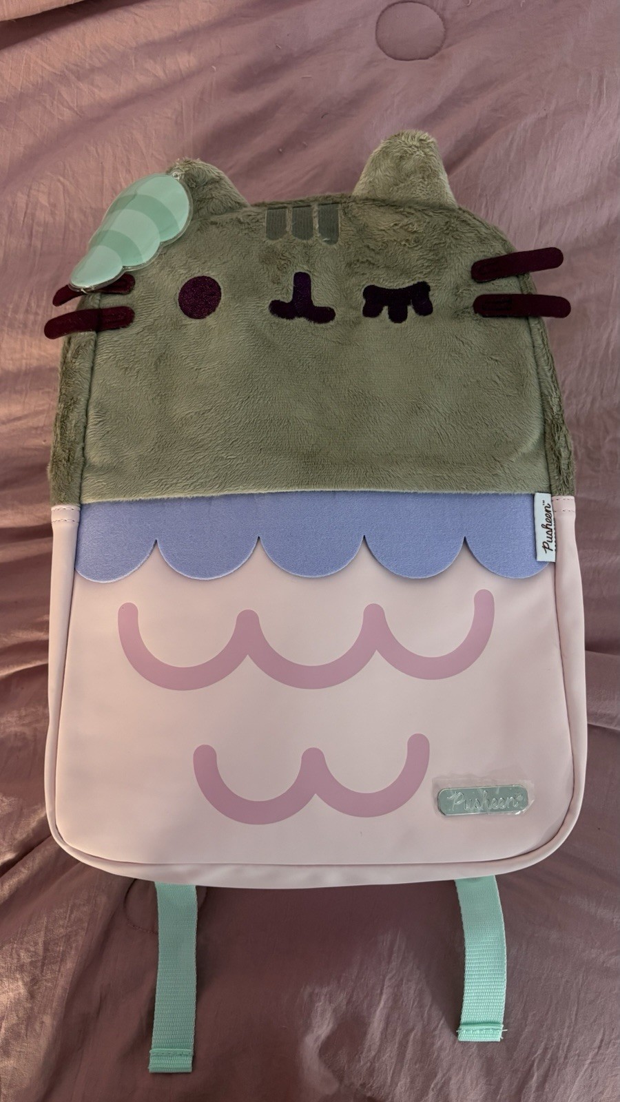Pusheen Mermaid Backpack Hard to find in US, fuzzy face, pink and purple details