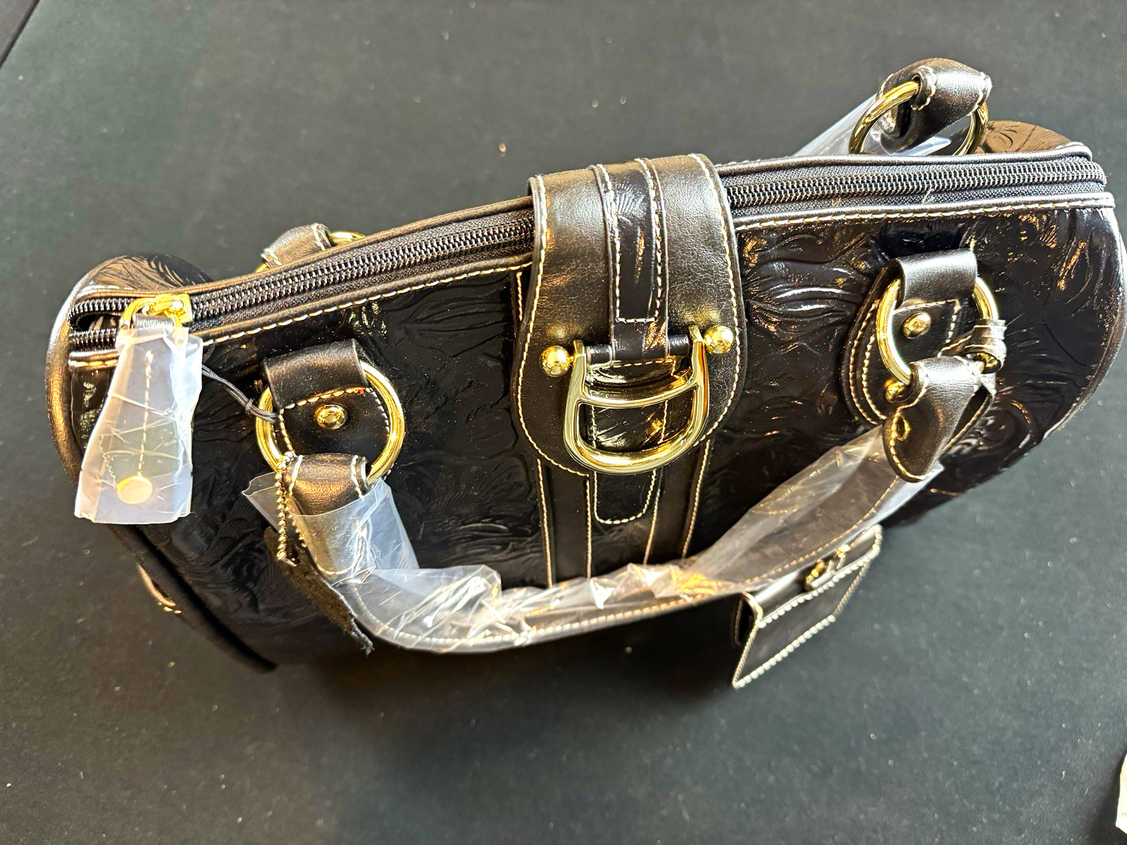 Women’s Black Patent Floral Embossed Satchel Top Handle, Detachable Strap