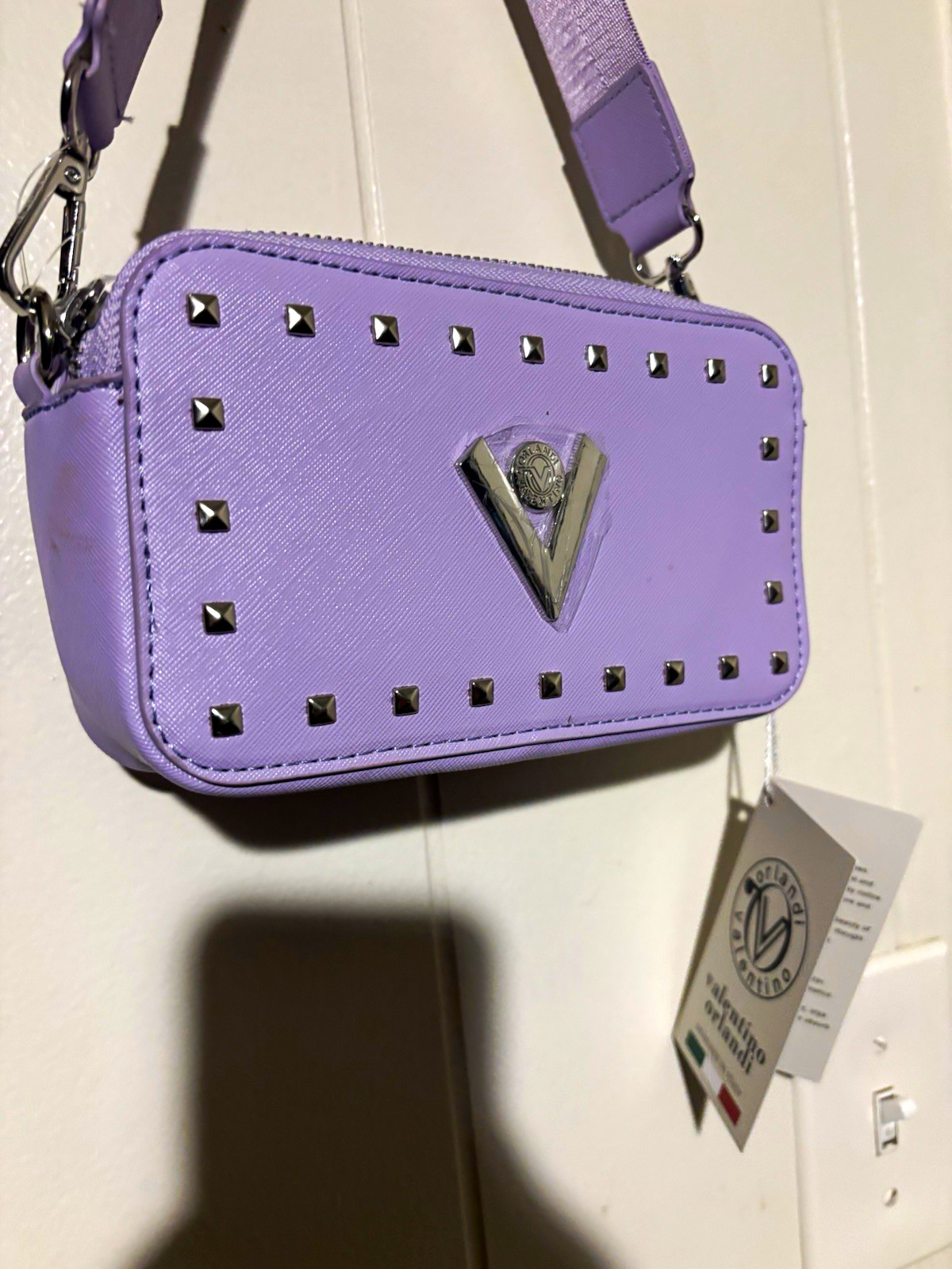 Valentino Orlandi Purple V Logo Studded Crossbody Bag Zip w/ Detachable Strap