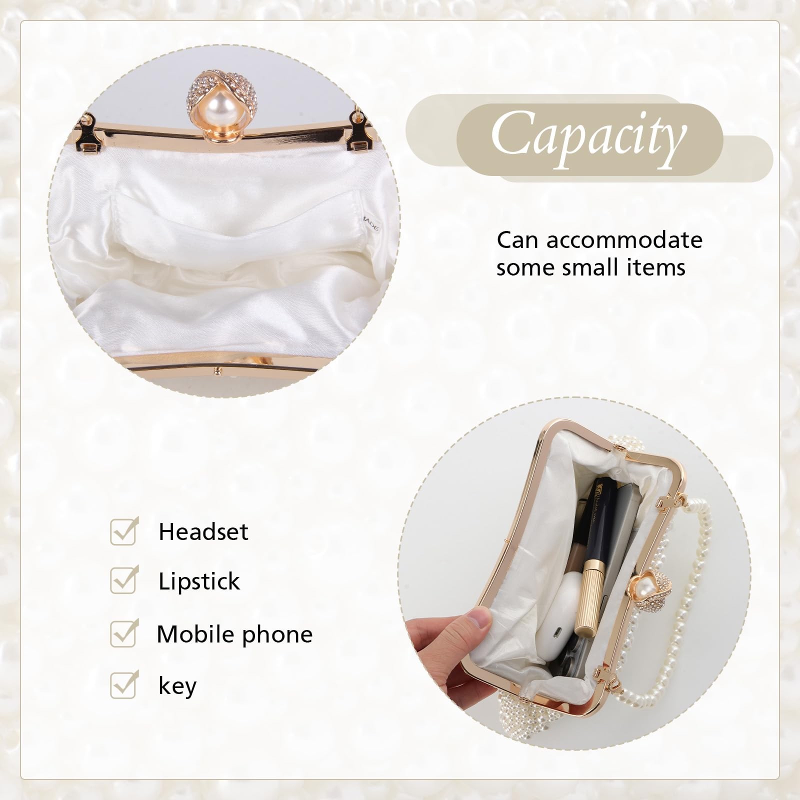 Women Pearl Evening Handbag Crystal Beaded Clutch Purse for Weddings Parties