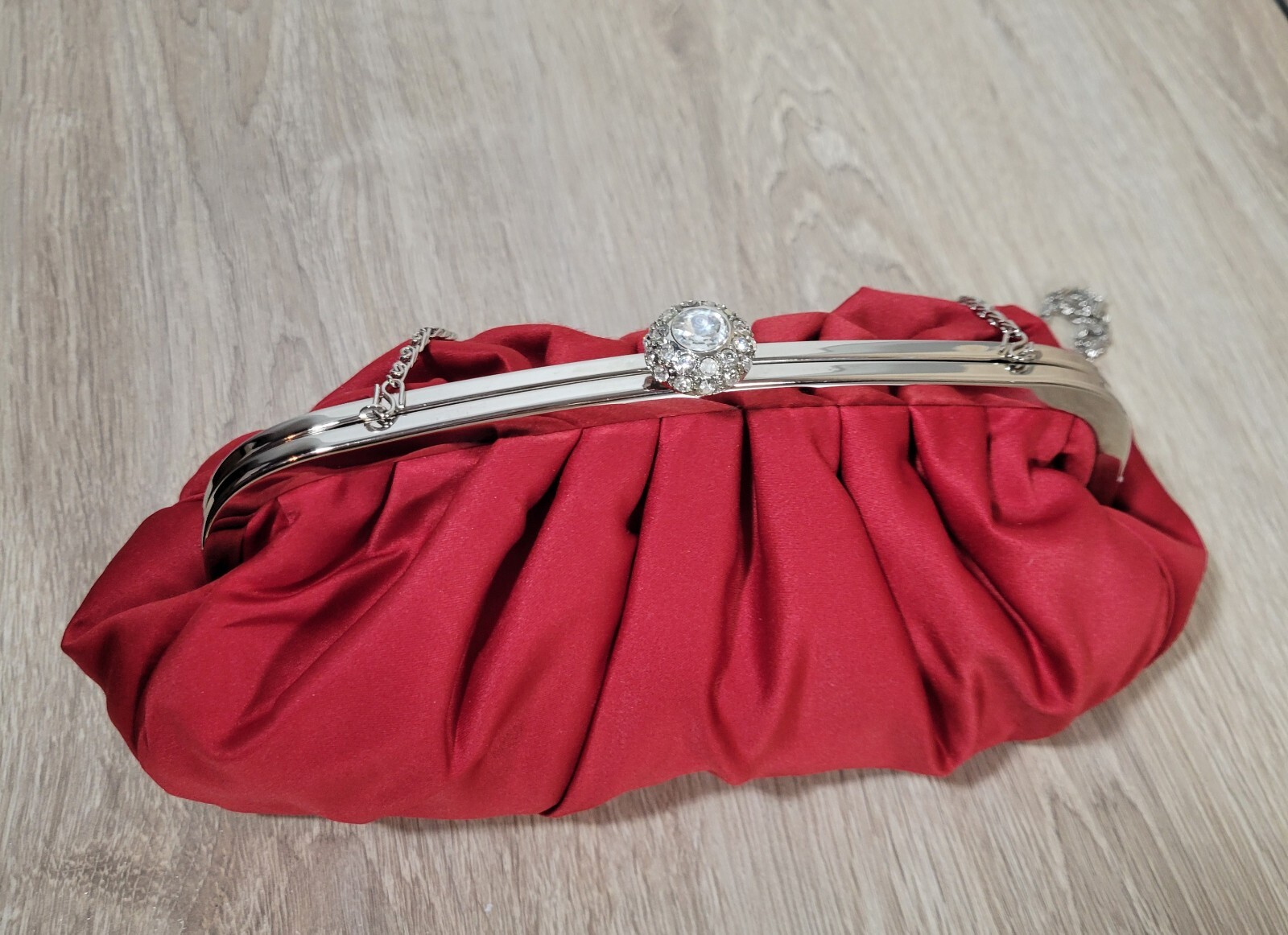 Lulu Townsend Red Clutch w/ Rhinestone Clasp & Chaine strap Purse Night Bag