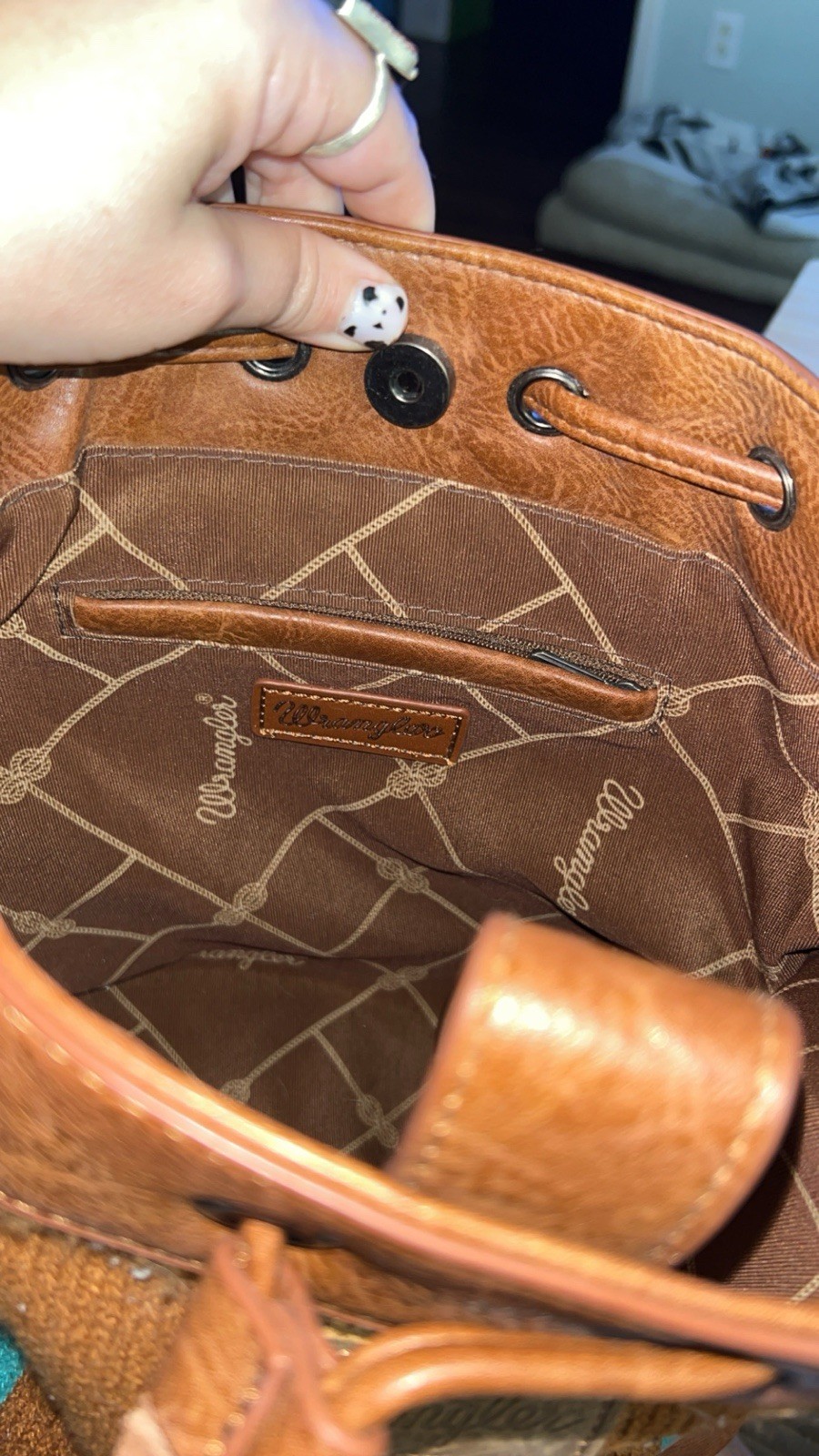 Wrangler Brown Western Fringe Bucket Bag Drawstring Detachable Strap Geo Print
