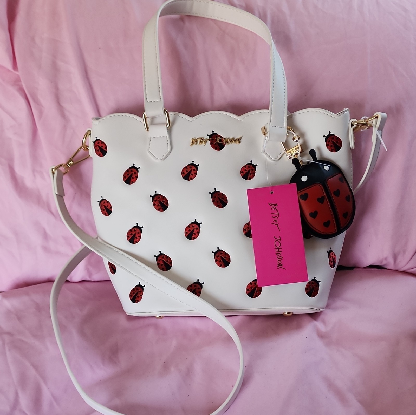 Betsey Johnson White Ladybug Satchel Top Handle Crossbody Magnetic Charm