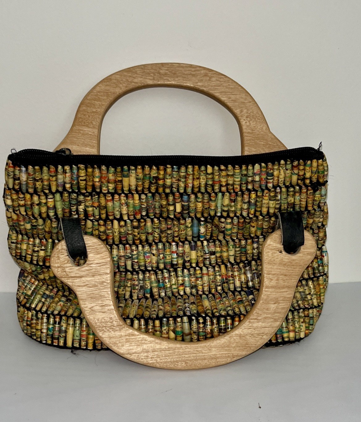 Rolled Paper Handmade Bag Purse Lined Wood Handles Top Zipper