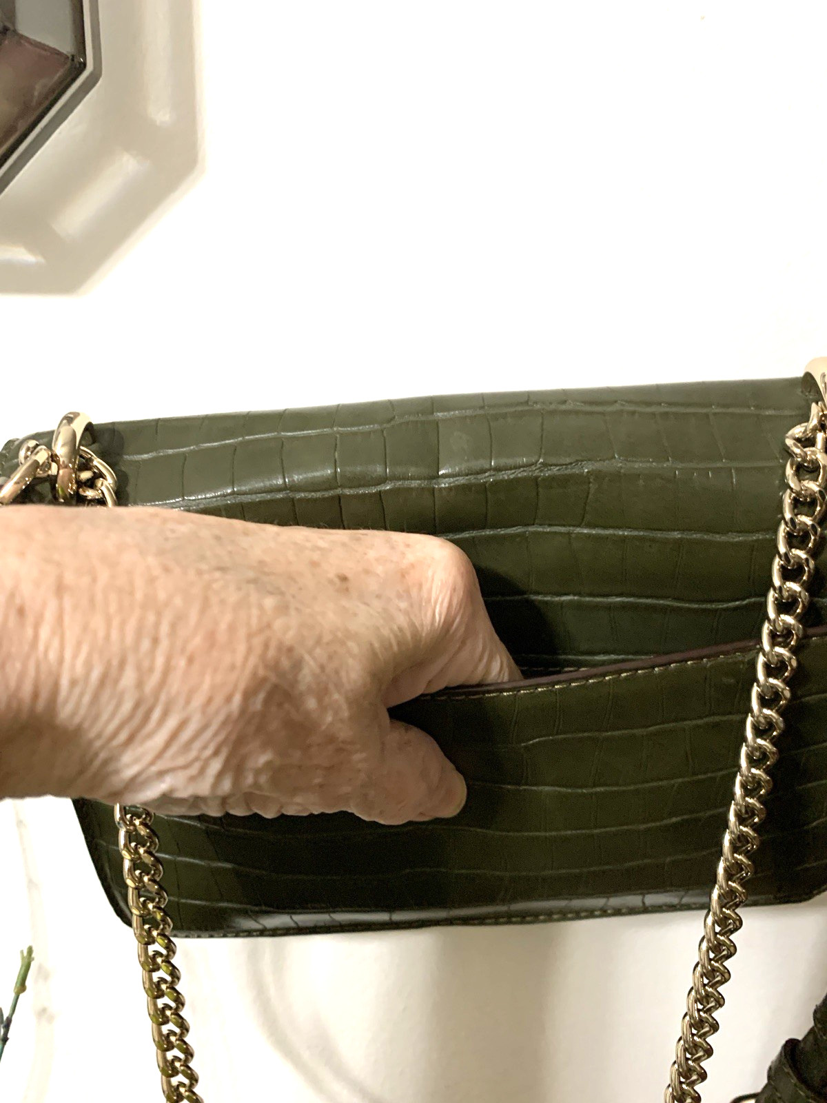 DKNY, Green Color Shoulder Bag With A Green And Gold Strap And Snap Closure.