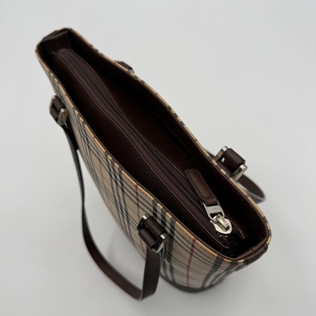 Burberry Nova Check Saffiano Canvas Brown Bucket Tote Bag Shoulder Auth