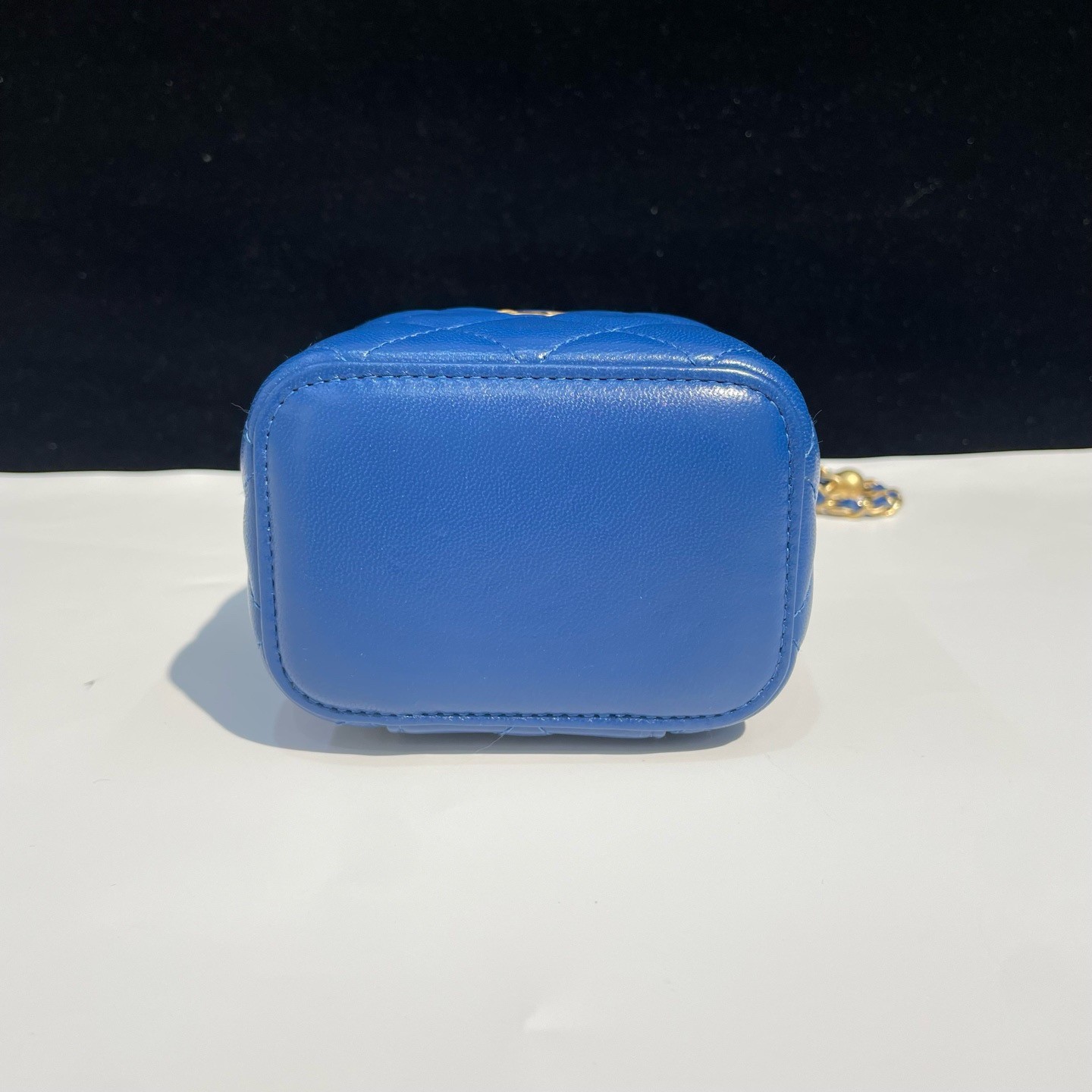 Chanel Vanity Case Quilted Leather Blue Mini Crossbody Bag Gold Ball Chain