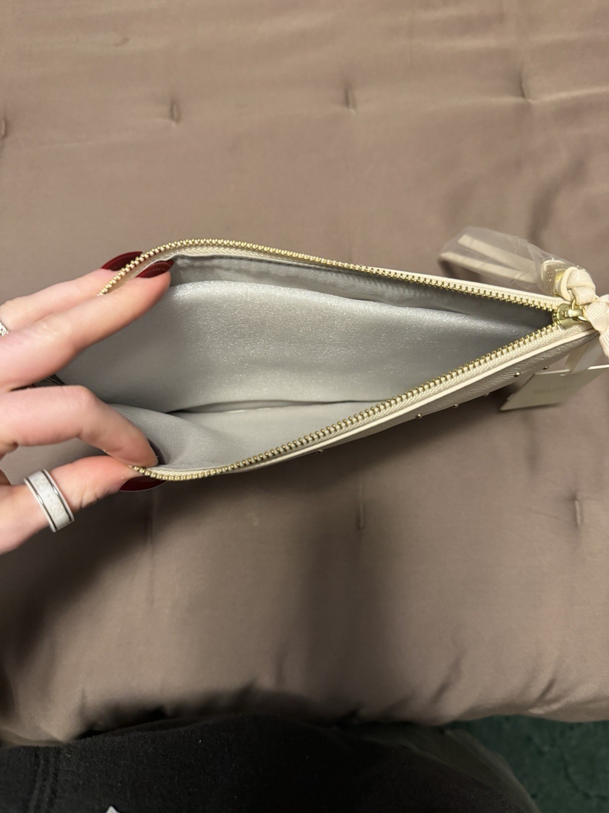 Katie Loxton White Pebbled Small Wristlet Clutch Studded Zip Gold Hardware
