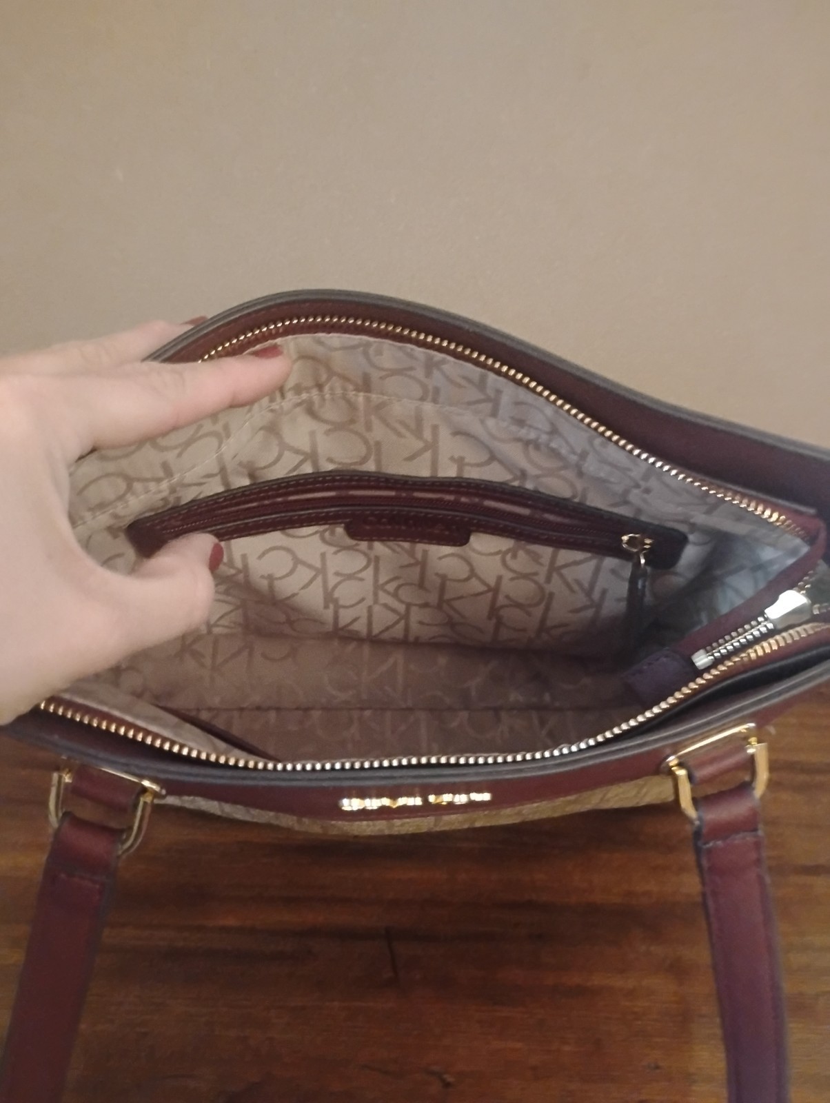 Calvin Klein Monogram Zip Top Shoulder Bag Beige/Brown, Lined, Inner Pockets