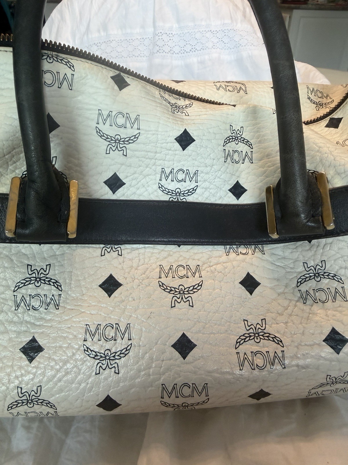 MCM White Blue Visetos Monogram Barrel Satchel Zip Top Handle Lock Gold