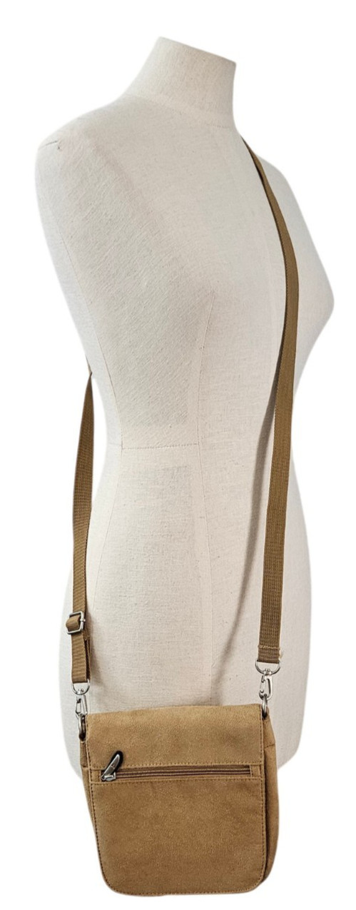 Travelon Crossbody Bag Travel Organizer Microsuede Passport Wallet Mirror Tan