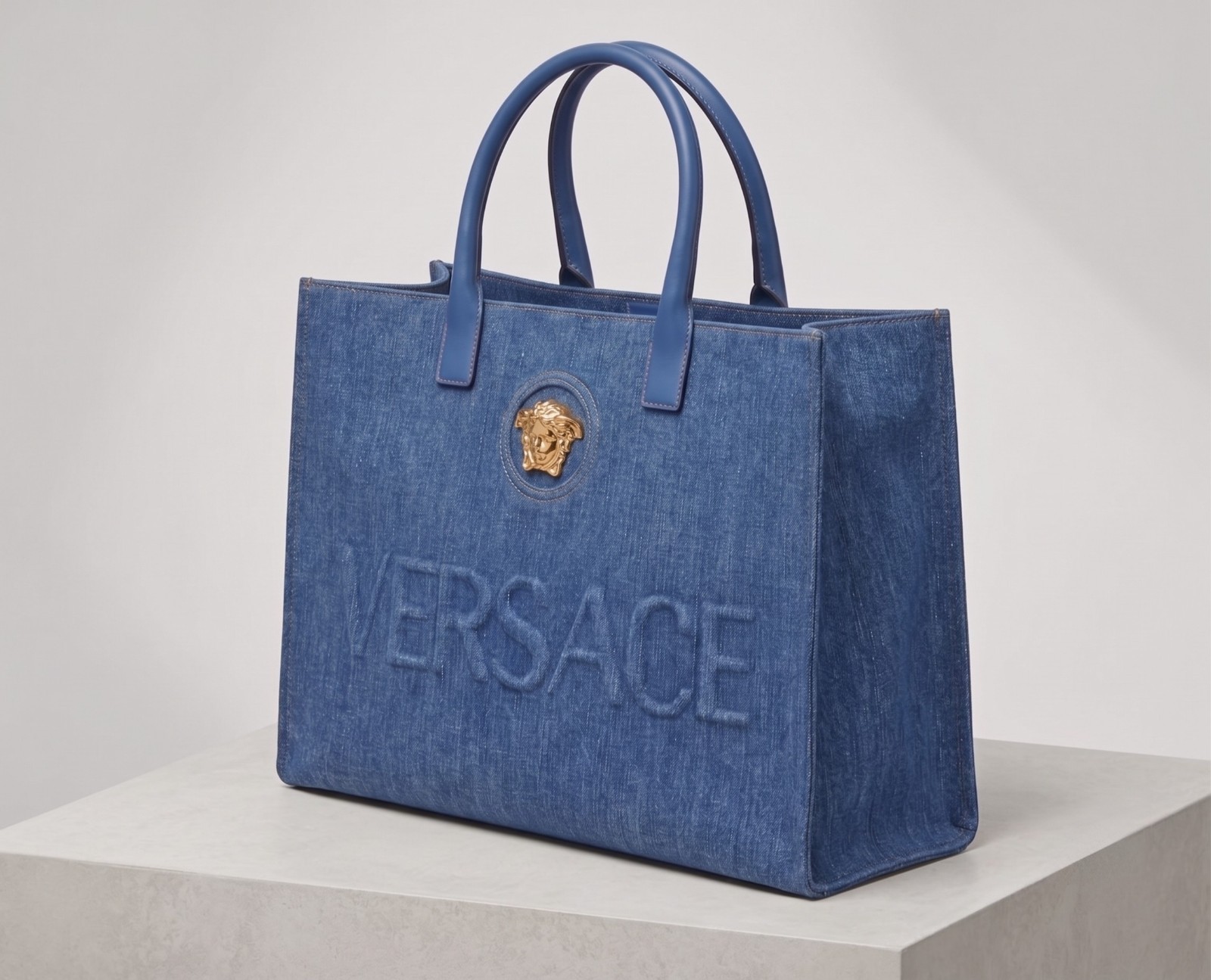 Versace La Medusa Denim Tote Bag Navy Blue Gold Embossed NWT RFID Authenticated