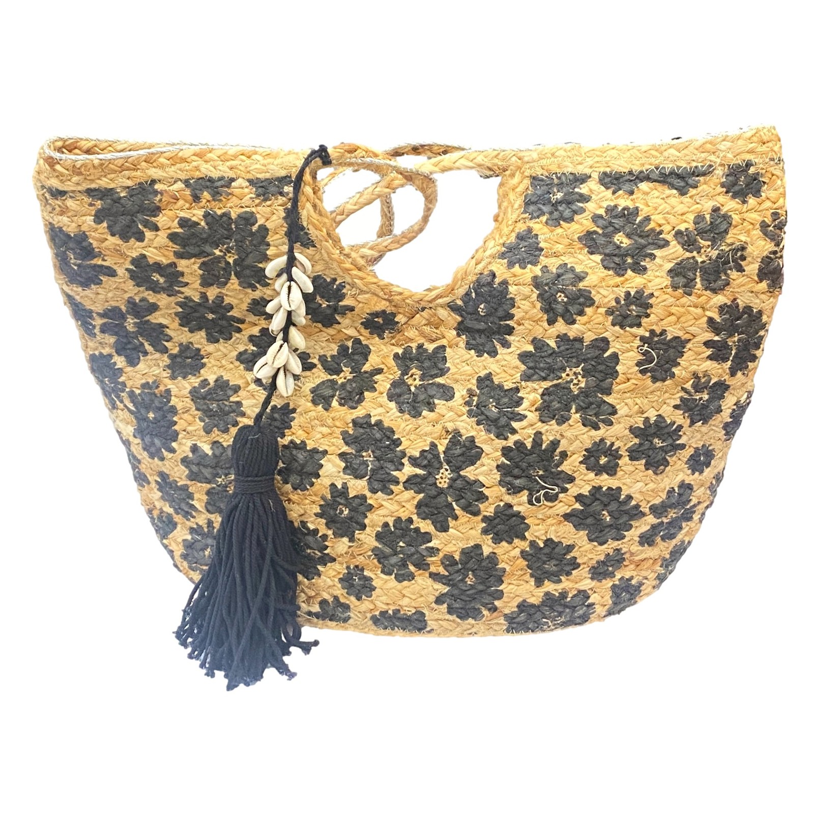 Women’s Large Black Floral Jute Summer Tote Overnight Bag Handbag