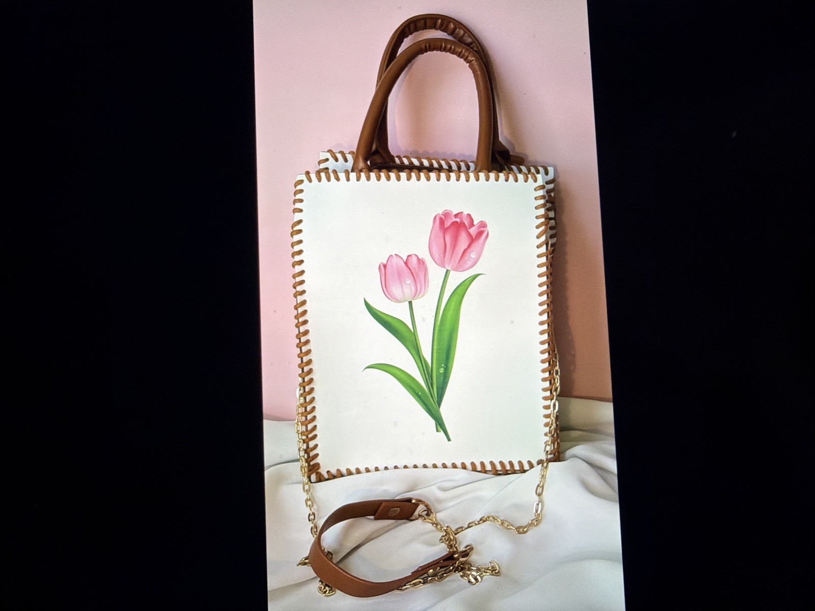Hand Made Cream And Brown Boxy Shoulder/hand Bag Printed Flower