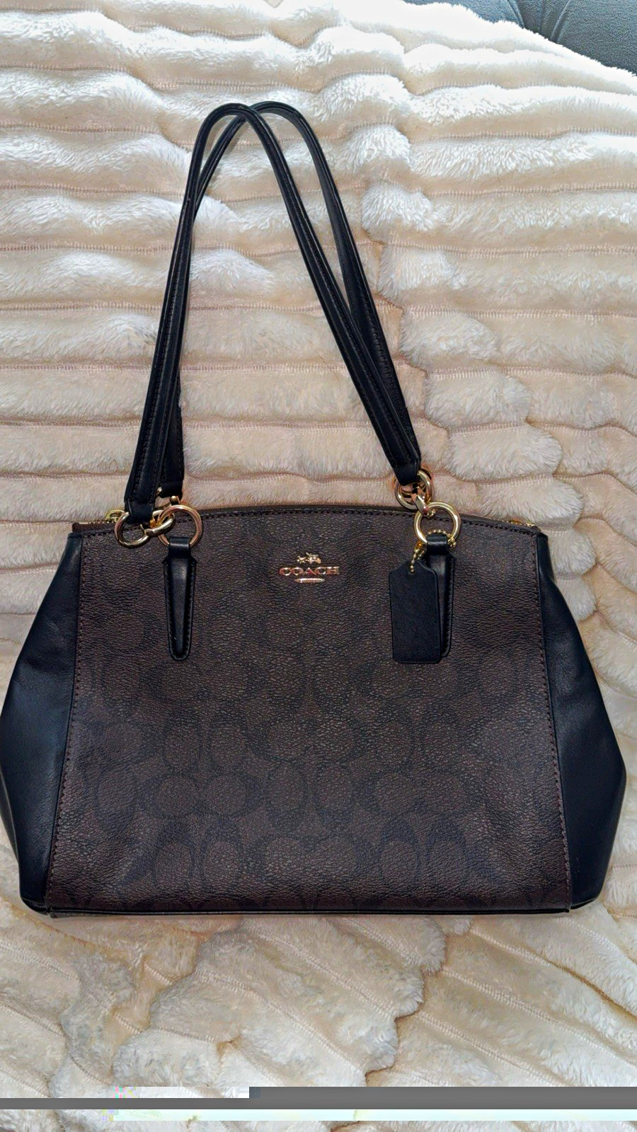 Coach Signature Logo Brown/Black Satchel Top Handle Double Zip, Hangtag