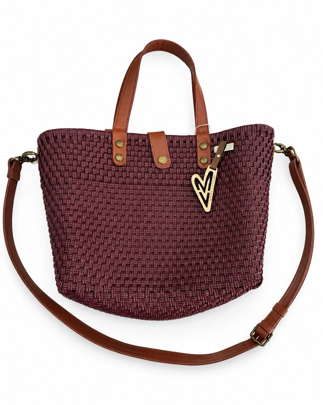 Women’s Burgundy Tote Bag Brown Double Handles Detachable Strap Gold Bag Charm
