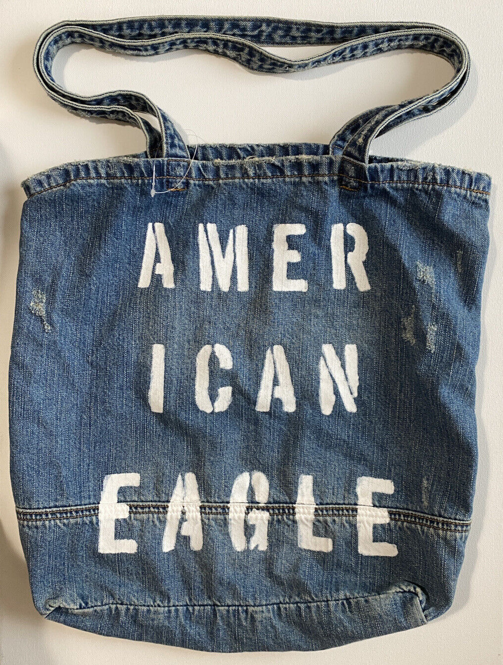 American Eagle Tote Bag Outfitters AEO Blue Jean Denim Shopping Book Distressed