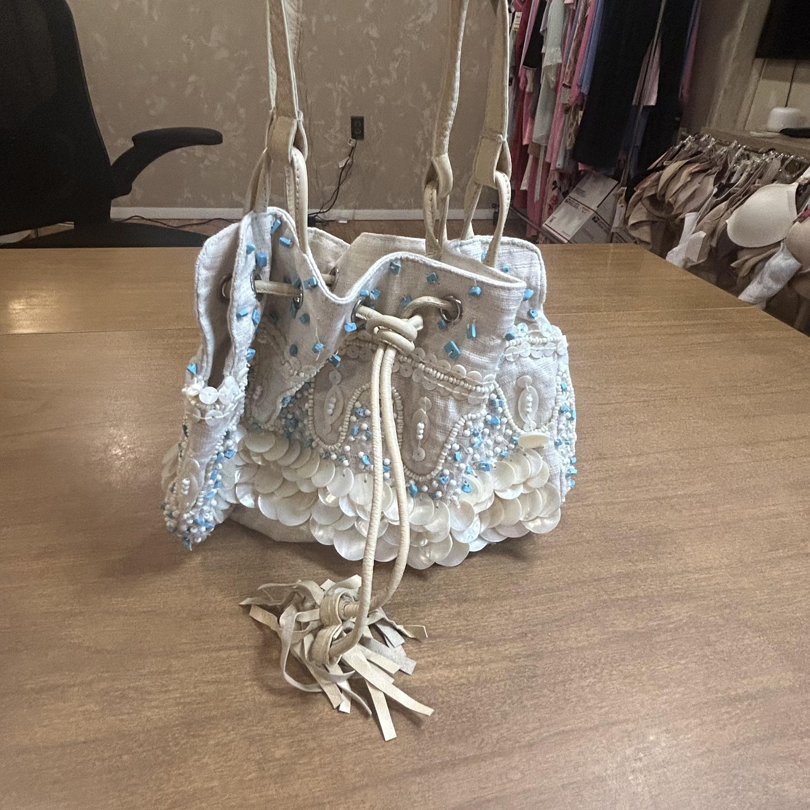 Moyna Bucket Drawstring Bag Womens Medium Beige Linen Shell Beaded Boho Beach